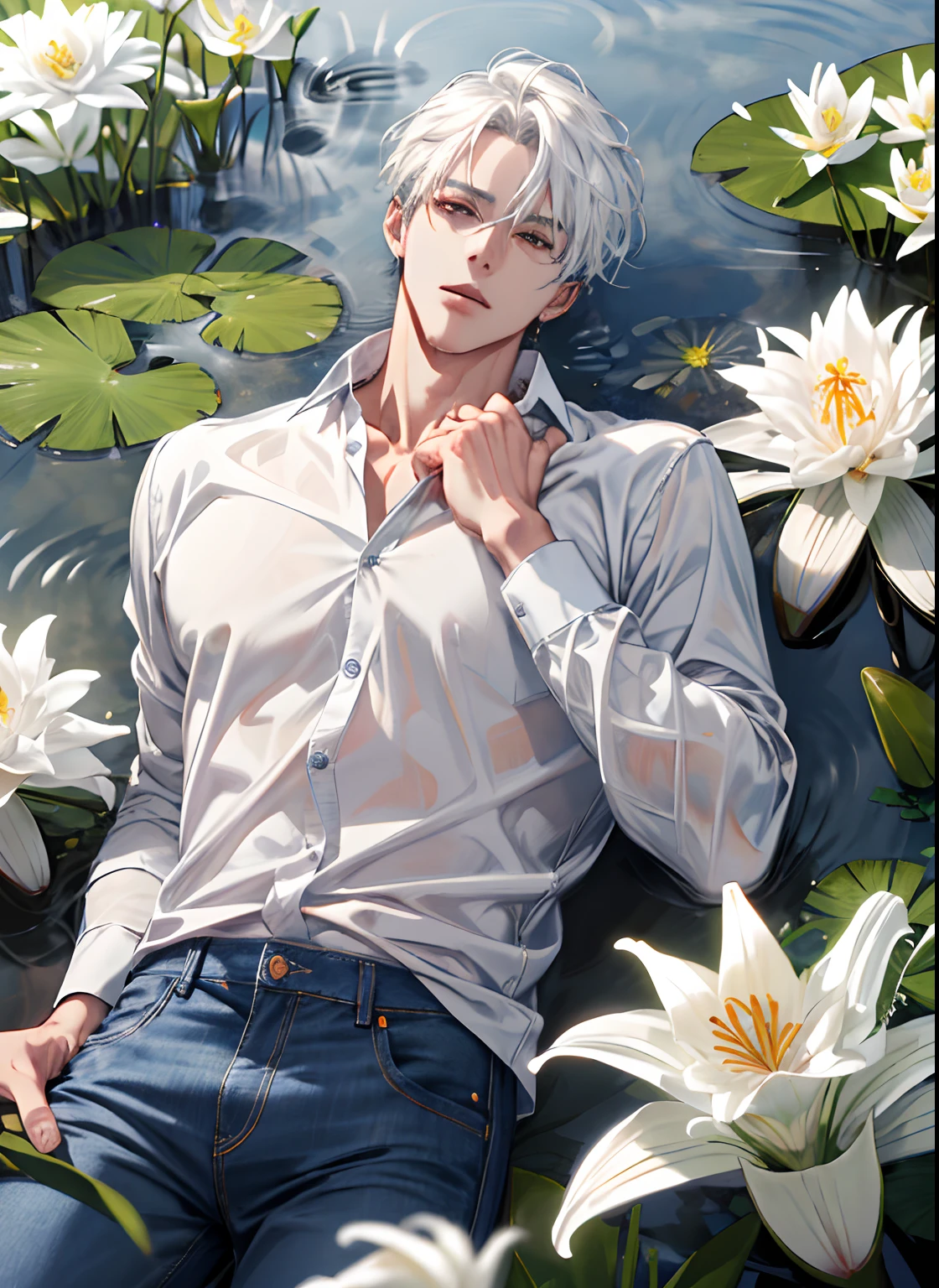 (absurdres, highres, ultra detailed), 1 male, handsome, tall muscular guy, mature, (The pond is filled with white lily flowers), A man lying on back comfortably in it, from directly above, (white shirt, jeans), wet, colorful, artistic, depth of field, focus on his calm facial features