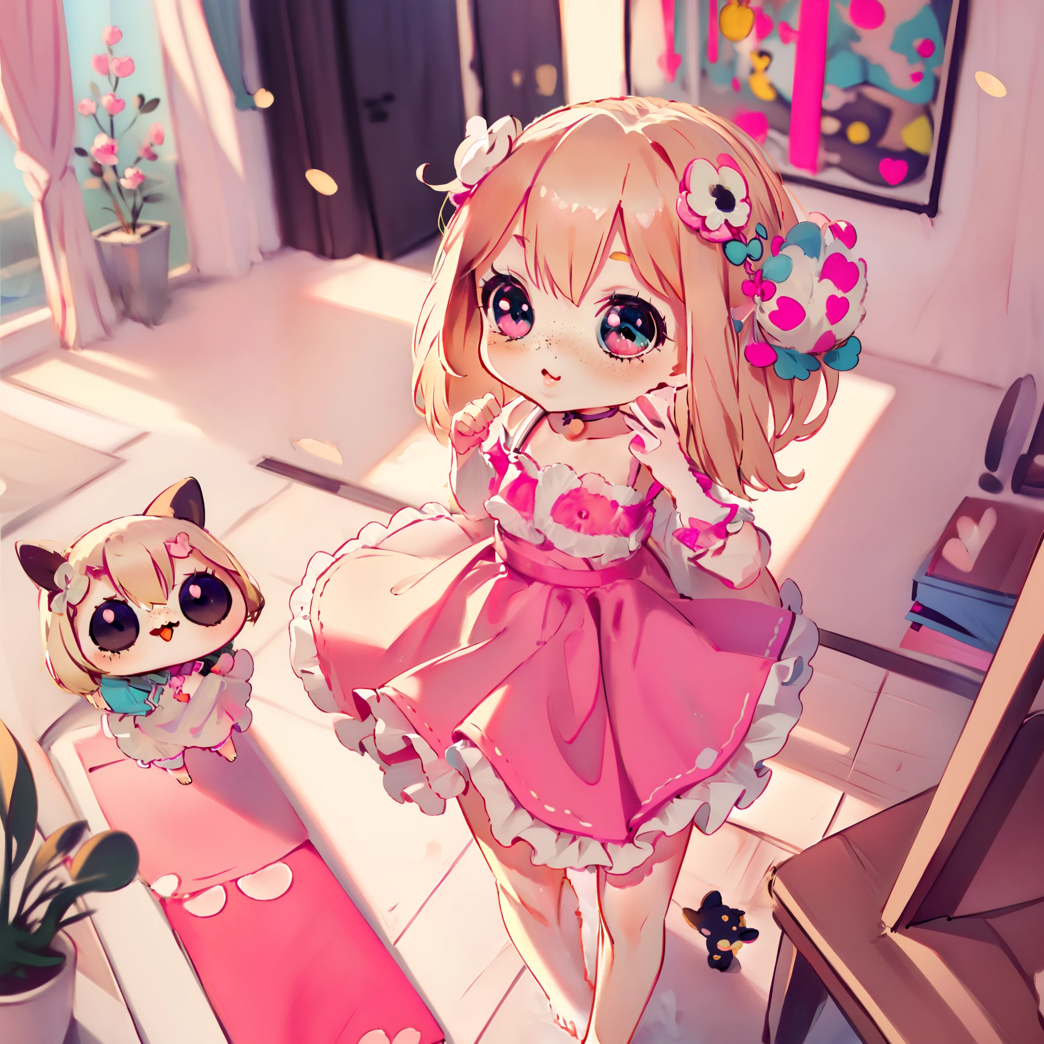 (kawaii, loli:1.7),very cute female child:1.5,10 yo,Clothes with peach-colored ruffles:1.8, Barefoot, Summer,action:1.6,dynamic pose,dynamic angle,dutch angl,low angle,full body shot,medium shot,flat chest:1.5,nsfw:1.3, Cute PINK Living room:1.8,4K, (Raw photo: 1.2), (masutepiece: 1.3), (exquisite detailing: 1.2), Delicate and beautiful details, (Eye Detail), (Facial Detailed), (Highest Quality) :1.4), (Hyper-Resolution: 1.2),(very detailed illustration), Best Quality,depth of fields, Wide light, natural shadows