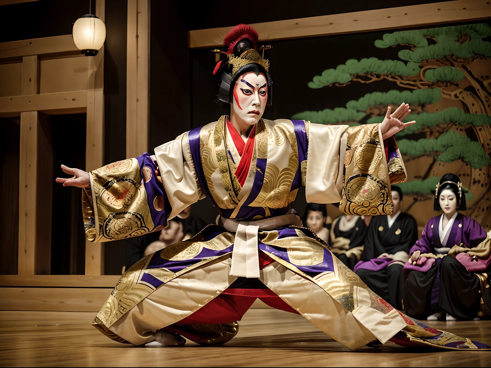 (masutepiece:1.3),(Best Quality:1.2),8K,absurderes,Unity 8K Wall Papper,(Extremely detailed:1.3),highest grade,Traditional Performing Arts of Japan, kabuki, stage, Face with makeup, Kabuki actor, striking pose "Mie" It is also a characteristic of Kabuki that actors capture important scenes., Male actor staring at you, Performance Hall, Luxurious costumes