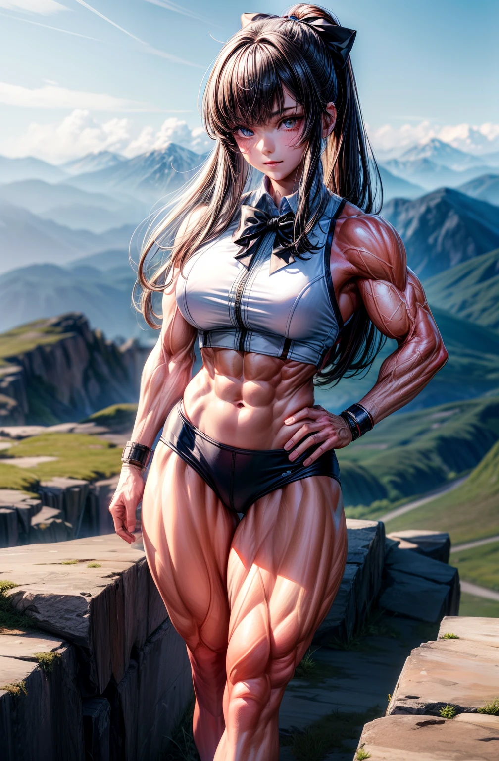 (BEST lighting) , (ultra intricately detailed) , 4K unification, (super-detailed CG: 1.2) , (8K: 1.2),(Original), (Masterpiece) , (Best quality),(Masterpiece:1.4),Anime-ish high quality,(Masterpiece),Masterpiece, Super clear picture quality,Clearer than movies,(Fine face)Best quality, absurderes,((masterpeace, 4K, 8K, Yes, A high resolution))1girll, girls,ssmile,The eyes are fierce,She was at the top of the mountain,Black school uniform,white bowties,Bow knot,Ten strong abs,Perfect body proportions,standing on your feet,Exposing the abdomen, White costume,There are bulges of dense veins on the arms,Spring, Sports boots, Perfect figure, Anxious long white and black hair, Dynamic pose,Legs exposed,Strong leg muscles ((body builder:1.5))Hilltop view(Beautiful bace),(Girl),(Female),(((Upper body:1)))