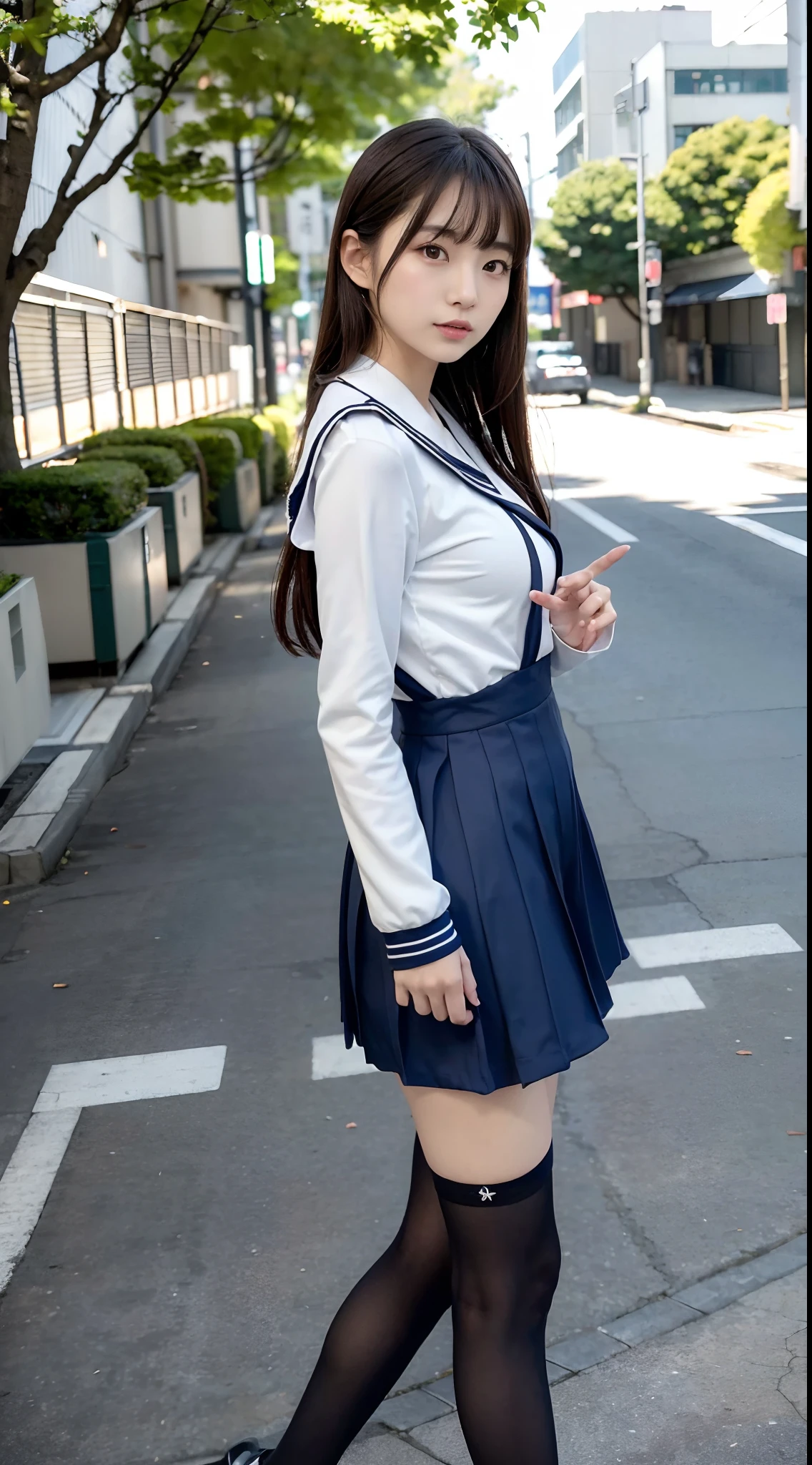 mix4, (16 K, Raw photography, Top image quality, masterpiece: 1.45), (realisitic, Photorealsitic: 1.37), one girls, 7.5, etc、Random hairstyle、Standing figure,Noon time slot、cute little, A city scape,, profetional lighting, photon maping, Cityscape with street trees, physically-based renderingt, Gradient dark brown hair,, a handsome, Well-groomed and beautiful eyes、Large double eyelids、Very shiny、girl with, (((student clothes、Long sleeve sailor suit worn by Japan schoolgirl、red cuffs、Dark blue mini skirt, Small gray beret、Dark blue knee-high socks、Black loafers))), Top Quality Photos, hight resolution, 1080p, (clearface), (Detailed face description), (Detailed hand description), (masterpiece), (Exquisite CG)、extreme light and shadows、dishevled hair、master work、abundant detail、(Fine facial features)、(top quality photo)、(masuter piece)、(A detailed eye)、Look in front of you、Fine clavicle、((Slender big))、(((Japan schoolgirl in long-sleeved sailor suit)))、((Ready Idol System))、((Boulevard with street trees、Roads at the scramble intersection))、(Shooting from random perspectives)、(((Anyway cute)))、耳Nipple Ring、A big smile、Drawing the whole body from the knees、Do not draw nasolabial folds、(((Long-sleeved sailor suit)))、(Big breasts that hang down big:1.3)、Big buttocks with tension、Two arms and two legs、(((from the front side:0.5)))、bare hand、No mask
