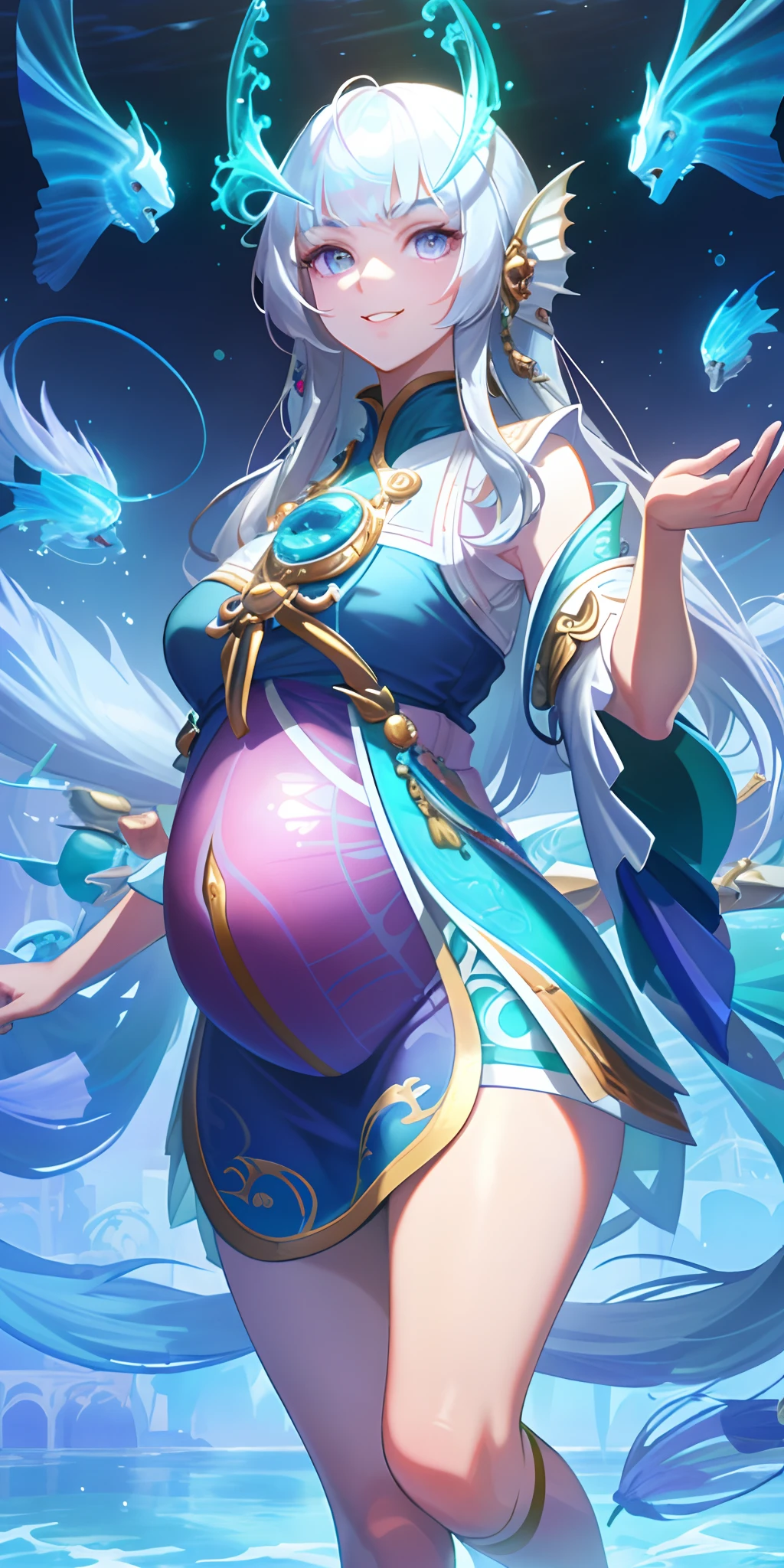 [(Transparent background:1.5)::5],(((Masterpiece))),(((Best quality))),(((Extremely detailed))),illustration, 1girll,Solo,mysterious,vivd colour,Shiny, Underwater transparent sealed blue sky(White hair),(Purple eyes), full bodyesbian,Barefoot,Long hair is calm and natural, Koi,Underwater, Dome,Close up,Dynamic actions,Lens perspective,(((Box composition))),, voluminetric lighting, multi colored eyes, Detailed eyes, ultra - detailed,Light smile, Highly detailed, Beautiful, small detailed, Ultra detailed, Best quality, Intricate, 4K, 8K, trending on artstationh, Good anatomy, Beautiful lighting, Award-winning,Pregnant belly，Pregnant belly