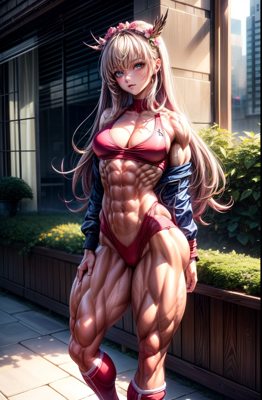 (BEST lighting) , (ultra intricately detailed) , 4K unification, (super-detailed CG: 1.2) , (8K: 1.2),(Original), (Masterpiece) , (Best quality),(Masterpiece:1.4),Anime-ish high quality,(Masterpiece),Masterpiece, Super clear picture quality,Clearer than movies,(Fine face)Best quality, absurderes,((masterpeace, 4K, 8K, Yes, A high resolution))1girll, girls,She was in the garden,Ten strong abs,standing on your feet,Exposing the abdomen, Crop topping,There are bulges of dense veins on the arms,Spring, Boots, Perfect figure, Long pink hair, Dynamic pose,Legs exposed,Strong leg muscles ((body builder:1.5)),Spring Garden,(Beautiful bace),(Girl),(Female),(((Upper body:1)))