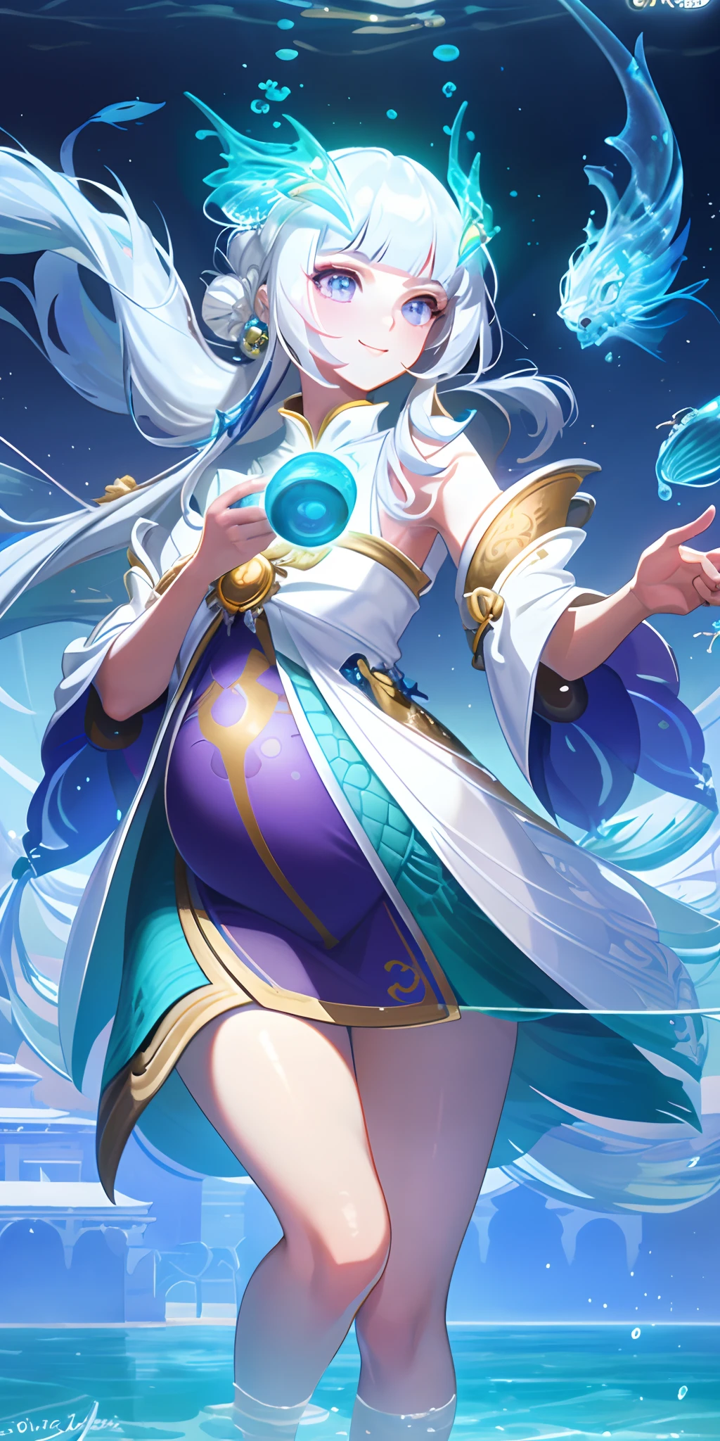 [(Transparent background:1.5)::5],(((Masterpiece))),(((Best quality))),(((Extremely detailed))),illustration, 1girll,Solo,mysterious,vivd colour,Shiny, Underwater transparent sealed blue sky(White hair),(Purple eyes), full bodyesbian,Barefoot,Long hair is calm and natural, Koi,Underwater, Dome,Close up,Dynamic actions,Lens perspective,(((Box composition))),, voluminetric lighting, multi colored eyes, Detailed eyes, ultra - detailed,Light smile, Highly detailed, Beautiful, small detailed, Ultra detailed, Best quality, Intricate, 4K, 8K, trending on artstationh, Good anatomy, Beautiful lighting, Award-winning,Pregnant belly，Pregnant belly