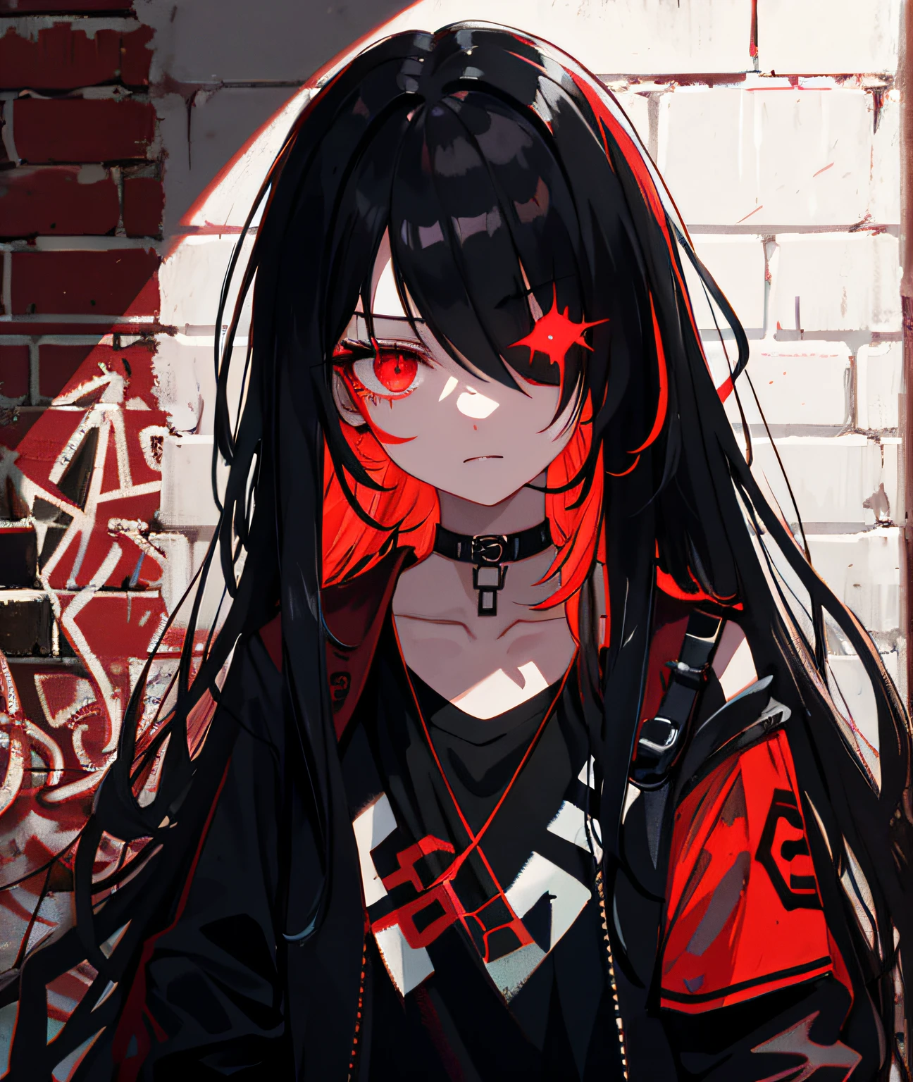 best quality, intricate details, chromatic aberration,
1girl, long hair, black hair, messy hair, red highlights, hair over one eye, red eyes, sharp eyes,
choker, neon shirt, torn legwear, open jacket,
against wall, brick wall, graffiti, glowing grafiti, glowing tattoos, glow, neon lights,
blacklight,