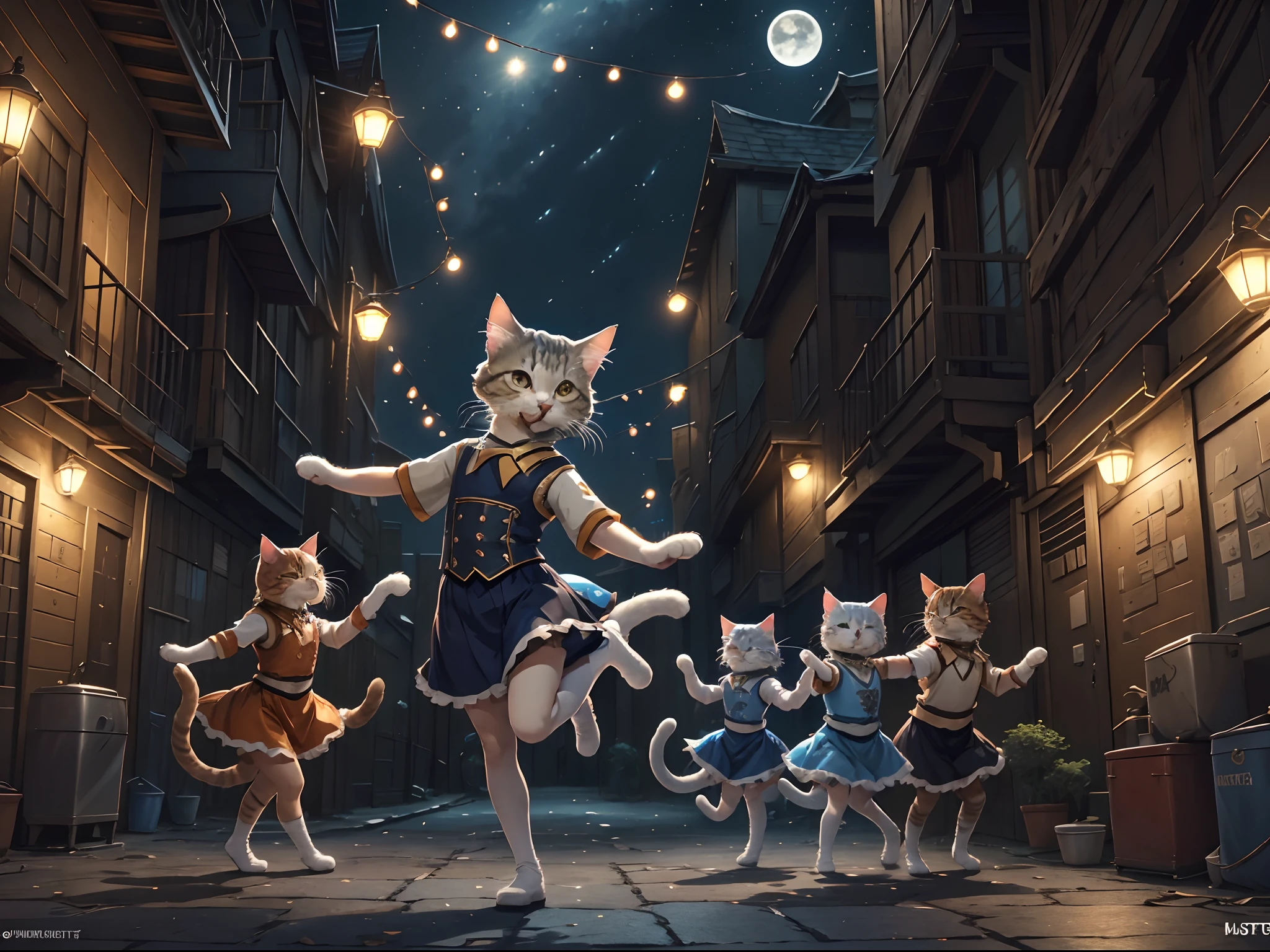 (masutepiece: 1.3), (Highest Quality: 1.2), 8K, Absurd, Wallpapers by Unity 8K, (Very detailed: 1.3), Finest,Cats playing a musical in a back alley、Sing and dance、Cat in stage costume、empty can、a trash can、Streetlight、Moon Night、Sing with your mouth open、with her arms outstretched、Dance with dynamism、Dynamic Pose、Stage Cats、Cat body、cat hair