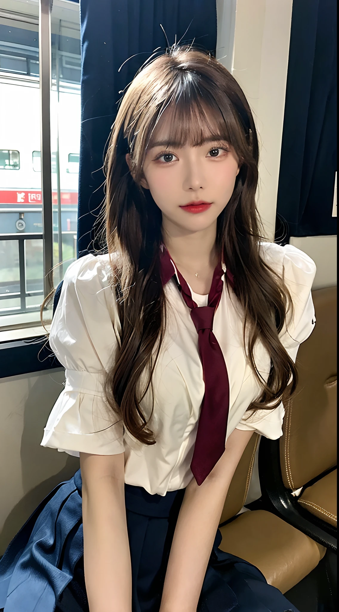 (masterpiece, bestquality:1.2), 10, 15 me, 85 mm., official art, RAW photo, Absurd, white blouse, pretty face, Up Close, Upper body, Violaceaess, Gardenia, beautiful girl, School uniform, (Navy pleated skirt:1.1), Curly waist, thights, short sleeves, In the train, Sit on the bench seat...., looking at the audience, no makeup, (smile:0.4), grain of film, Chromatic aberration, crisp focus, face lights, Clear lighting, adolescent, detailed face, Bokeh background, (Dark red tie:1.1)