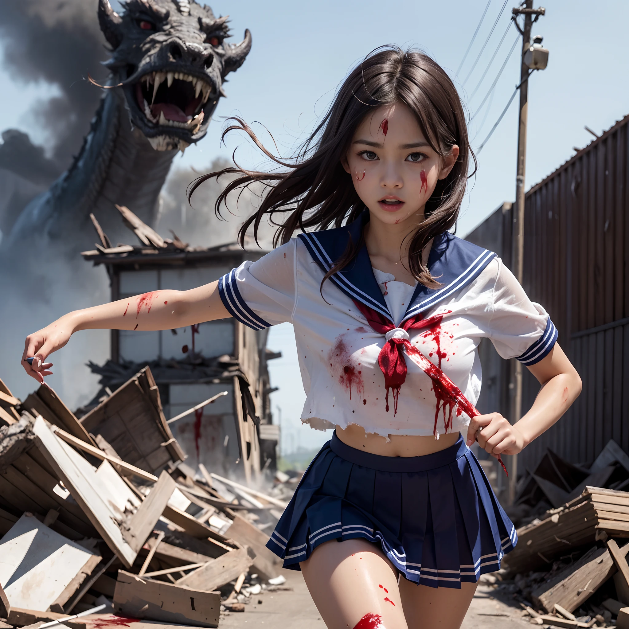 (in 8K、RAW Photos、top-quality、masterpiece:1.2)、(realisitic、Photorealsitic:1.37)、ultra-detailliert、超A high resolution、(Giant dragon:1.2)、Beautiful 15-year-old high school girl in Japan attacked by a giant dragon in devastated Tokyo、terrified expression、School Uniforms、Schoolgirl Uniform、(Torn and dirty tattered sailor suit:1.2)、disheveled clothing、ripped fabric、(Clothes with blood stains:1.2)、Short pleated skirt、(Torn skirt:1.2)、Dirty hair、smudged face、(skin stained with blood or dust,:1.2)、Running through the rubble、building crumbling、Burning flame、stunningly beautiful face、dynamic ungle、动态照明