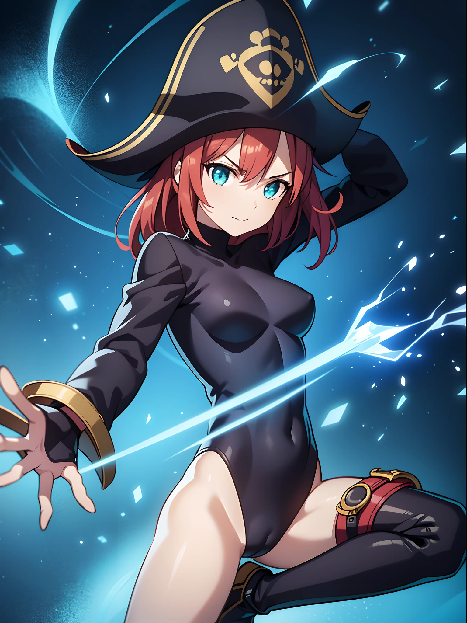 1girl, solo, masterpiece, best quality, black leotard, long sleeves, pirate costume, (pirate hat, pirate boots), body infused with electricity, lighting, particles, redhead, green eyes, blue aura, energy field, full body shot, depth of field, looking at viewer, spread arms, bare legs, medium breasts, bob hair, perfect anatomy, perfect hands, tall body, belt