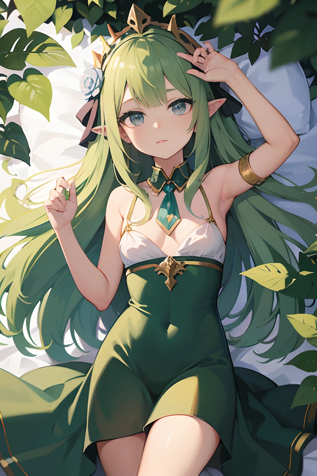 Sleeping on her side, shy elf sleeping next to you, Angle from above, her naked butt visible, thick ass perfectly round[close up of her ass, detailed ass cheeks , very detailed] Green haired, elf, mage, wooden branch, nervous, shy, dork, NSFW art, erotic