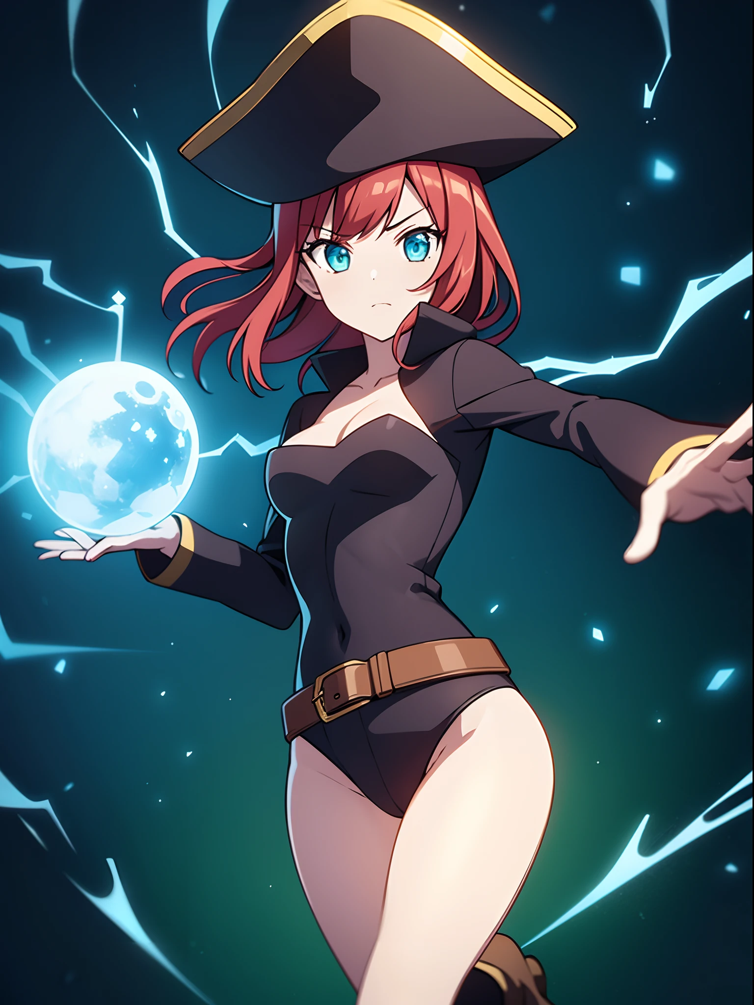 1girl, solo, masterpiece, best quality, black leotard, long sleeves, pirate costume, (pirate hat, pirate boots), body infused with electricity, lighting, particles, redhead, green eyes, blue aura, energy field, full body shot, depth of field, looking at viewer, spread arms, bare legs, medium breasts, bob hair, perfect anatomy, perfect hands, tall body, belt