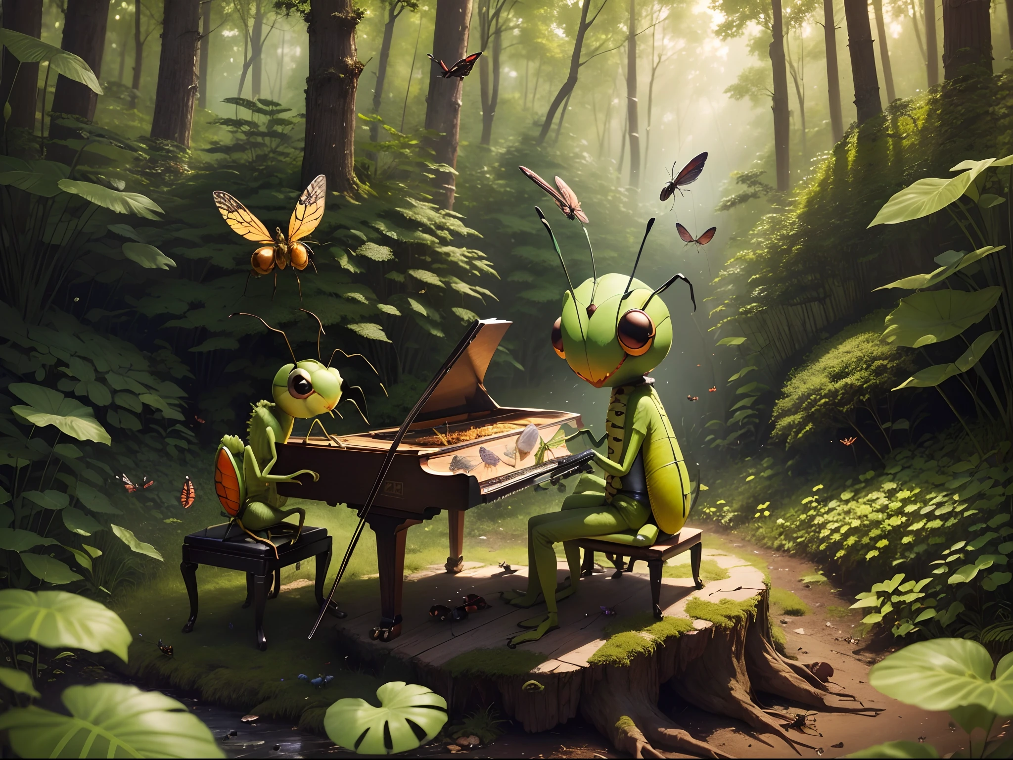 (Best Quality:1.2),8K,Careful details,Extremely detailed,Top resolution,(Insect Orchestra:1.2), In the forest, Sitting on a stump, band, Suzumu playing the violin、flute, piano, Insects playing musical instruments, score, melodic, Conductor Grasshopper, butterfly, SUI, Bellworm, cricket, frog,(Anthropomorphic insect:1.5)