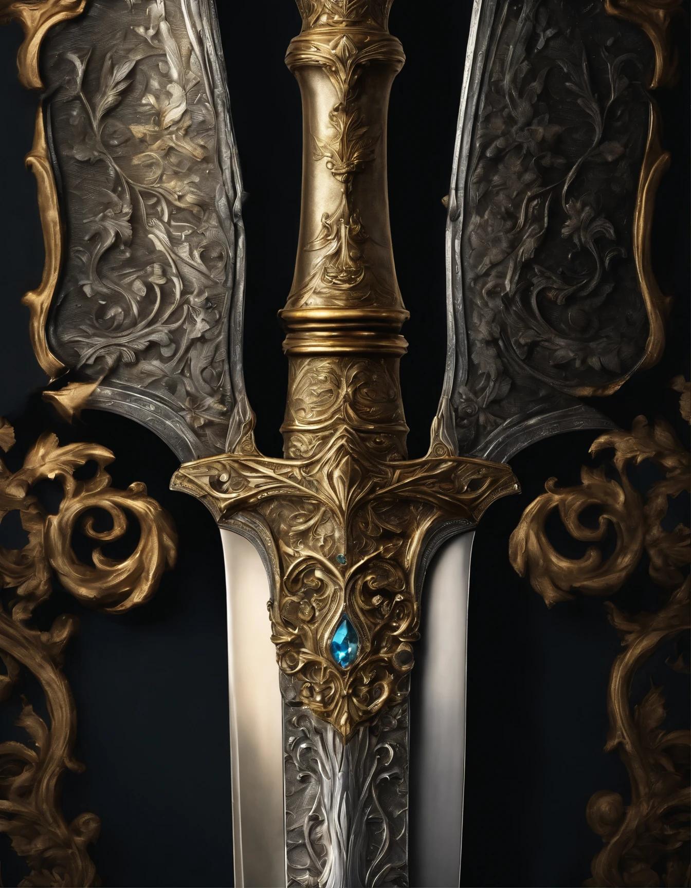 Ultra detailed eighteenth-century sword of light and shadow in the middle of the sword countenance of light silver sword with golden blades with magic back