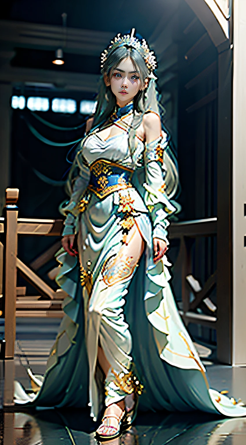 (Masterpiece:1.4), (8K, Photorealistic, RAW photo, Best quality: 1.4), Japanese, (1girll), Beautiful face, (Realistic face:1.4), (high detailed hair:1.3), Beautiful hairstyle, Realistic eyes, Beautiful detailed eyes, (Realistic skin:1.3), Beautiful skin, Attractive, 超高分辨率, Ultra photo realsisim, Highly detailed, Golden ratio, (Detailed face:1.4), A knee-length dress with light blue floral dress,Hair drapes like a waterfall behind your head,Skin like coagulation,Jade foot wears white sandals on a wedge heel,A pair of slender jade hands wearing sky-blue tulle gloves,It's adorned with flakes of snowflakes,Breathless,Cold and arrogant。Not only temperament,The girl's face is equally stunning,Eyebrows like emerald feathers,The surface is like ice,The deep eyes glowed with a faint brilliance,Delicate lips,Don't point and red,No powder at all,At this moment, gently move Lian Bu and walk,Elegant and nonchalant,Peerless and independent,Like a fairy that does not eat human fireworks。