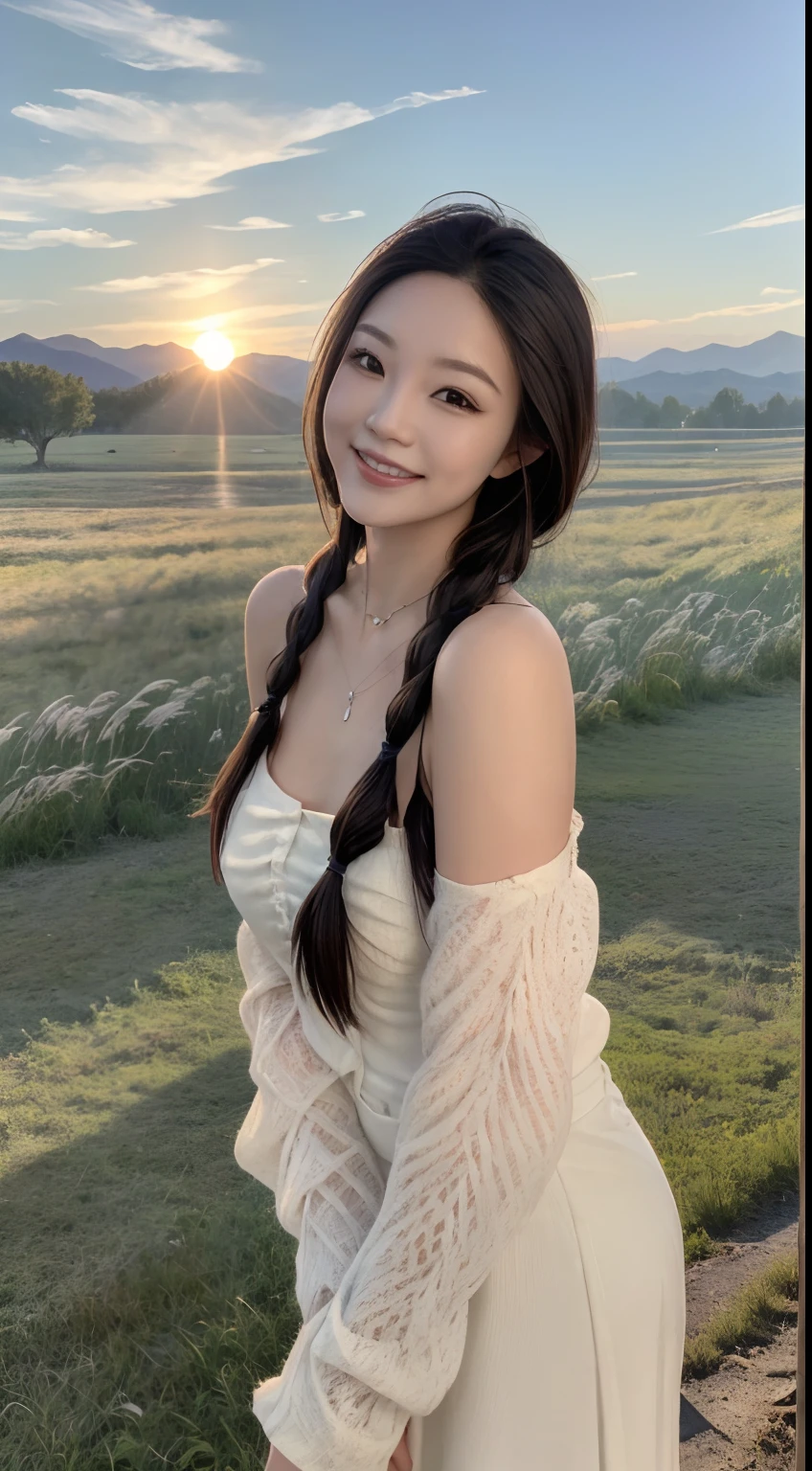 ，Masterpiece, Best quality，16k, 超高分辨率，Reallightandshadow，grinning smile，(On the prairie，Big Mountain，the sunset，eventide，） The expression is cute，hair tying up，，Positive facial vision