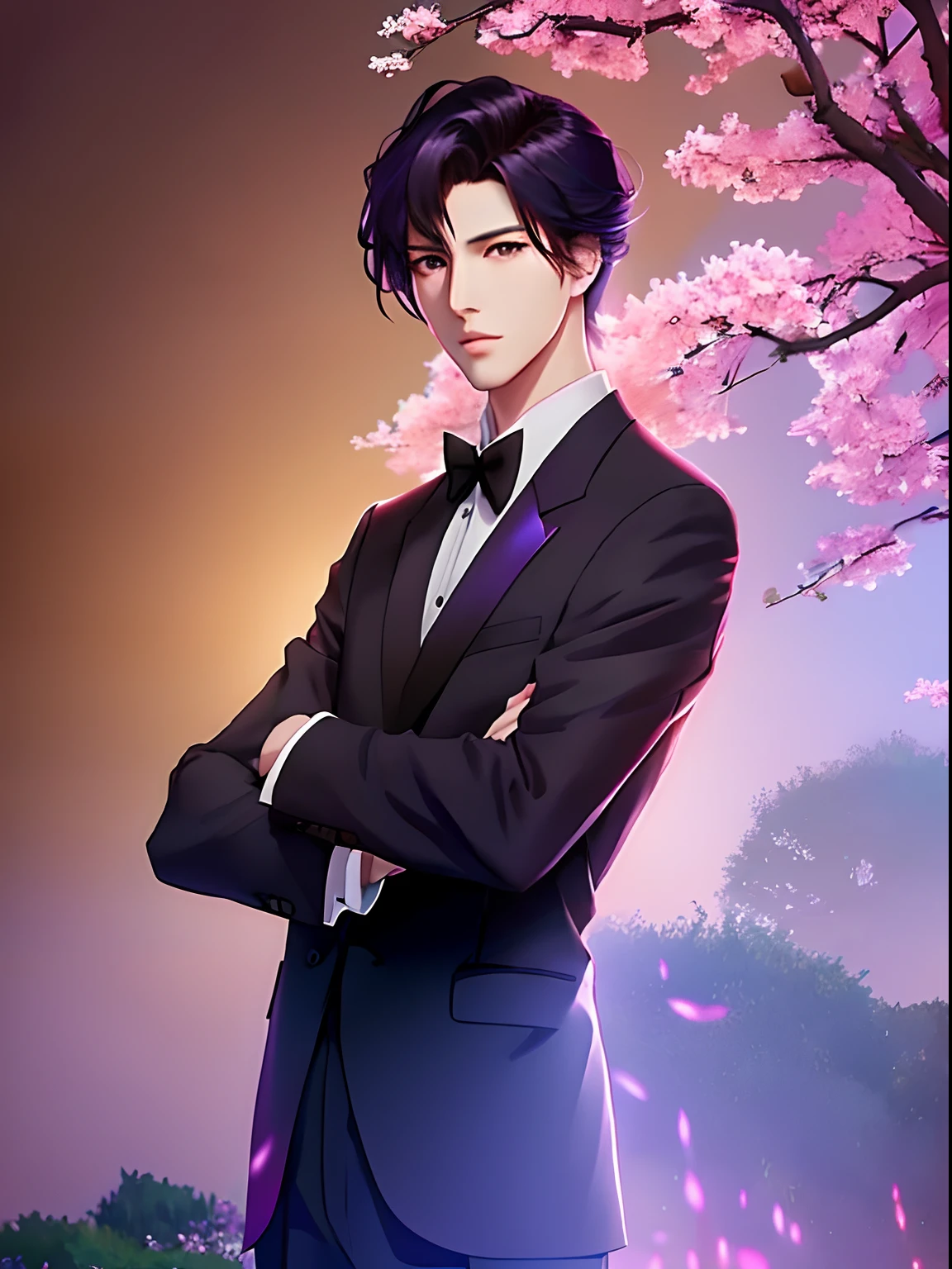 there is a man with a suit and tie standing in front of a bush, inspired by Yanjun Cheng, artwork in the style of guweiz, delicate androgynous prince, handsome guy in demon slayer art, beautiful androgynous prince, anime handsome man, anime portrait of a handsome man, anime realism style, high quality portrait, realistic anime artstyle