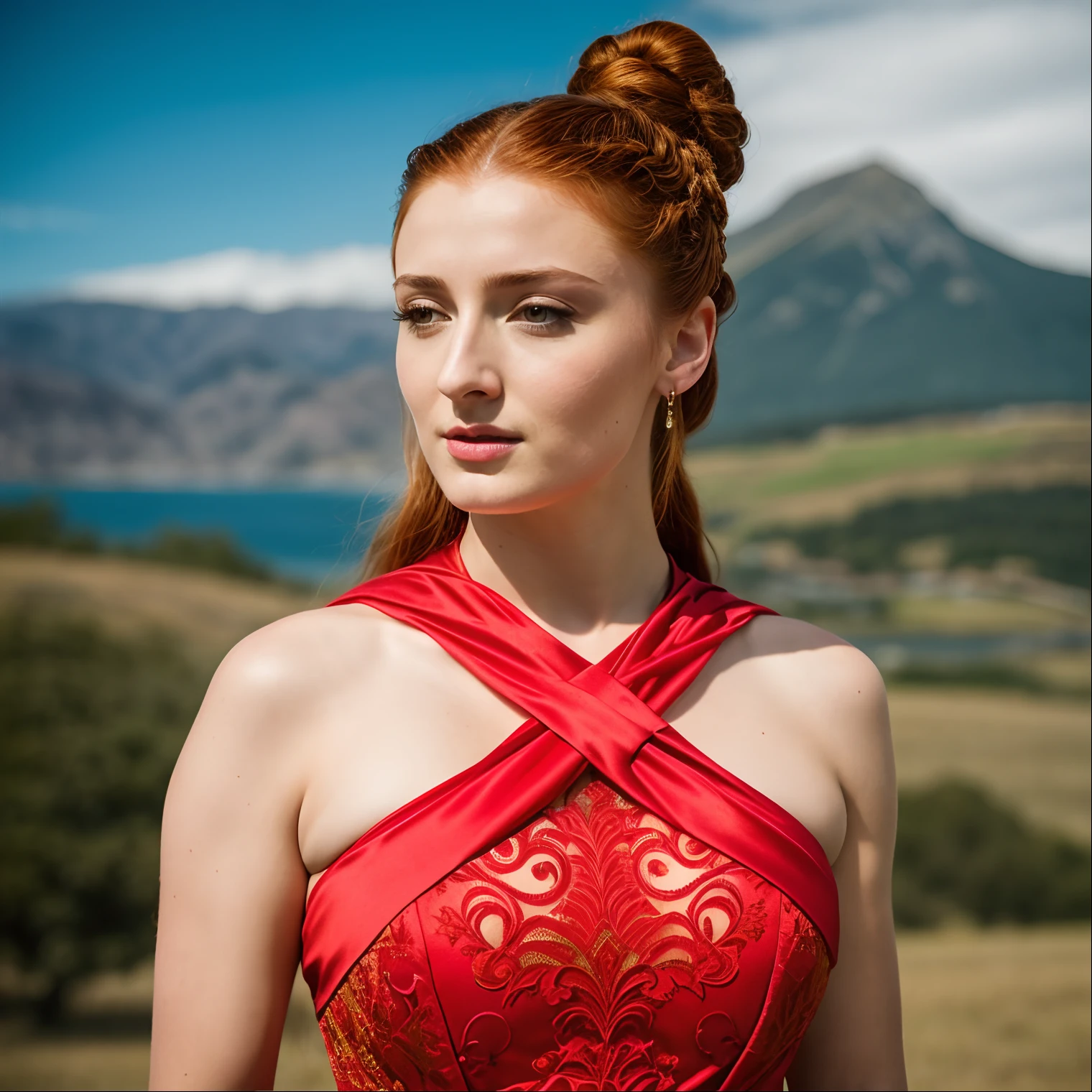 Foto RAW, Sansa Stark, cyberpunk theme background, Extremely gorgeous lady, Sansa Stark PLAYED BY Sophie Turner, Queen Sansa Stark, she is a mature woman now, milf, sexy mediaeval battle dress, gladiator woman, body, 45 years old Woman, body revealing costumes, perky breast, alluring figure, big natural breast, mediaeval costumes, mediaeval queen dress, erotic costumes, lusty physique, seductive figure can capture every people's attention, Game of thrones costumes, revealing captivating figure, Mediaeval costumes, revealing clothes, A tomboy, she would rather fence than dance, warrior queen , game of thrones screen caps, Game of Thrones Series, (pele altamente detalhada: 1.2), 8k UHD, DSLR, soft-lighting, alta qualidade, grain of film, Fujifilm XT3