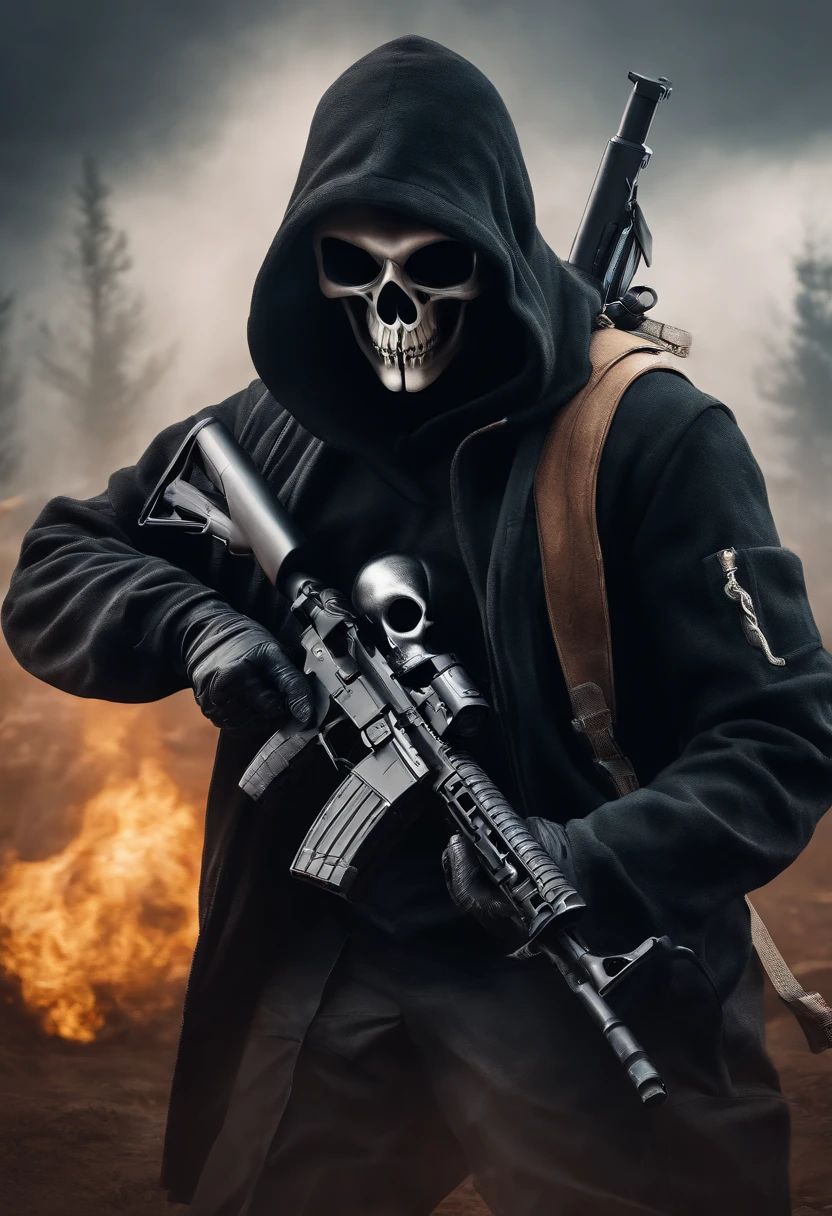 grim reaper as pubg character littile bit look of skeleton face wearing black hood holding gun hand gaming logo