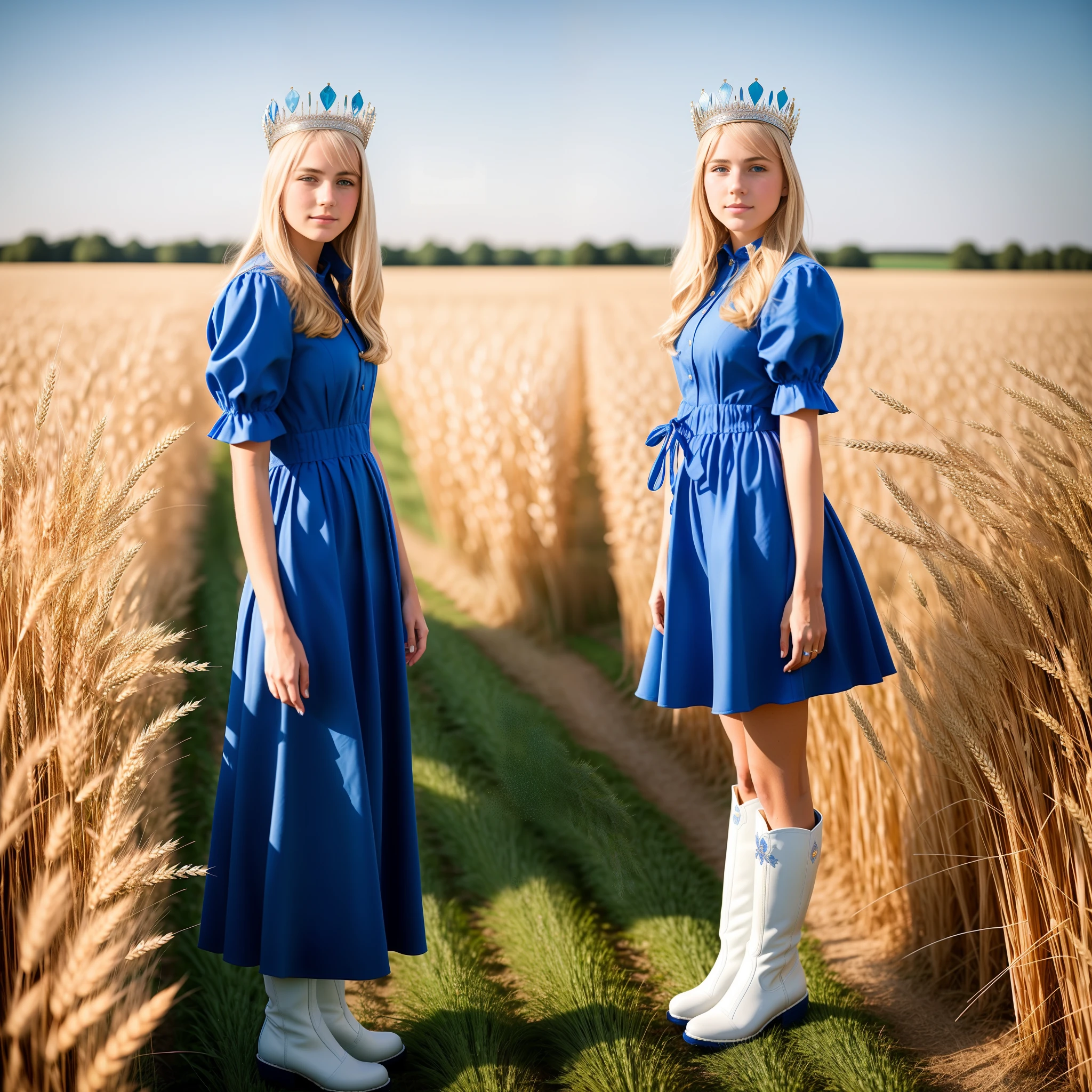 A royal maiden from Western Europe,Wearing a blue royal outfit,Around ,There is this blonde,Wear a pair of blue and white boots on your feet,Stand in a European wheat field,The camera looks up,Pictures appear all over the body,Realiy,Wears a silver crown on his head