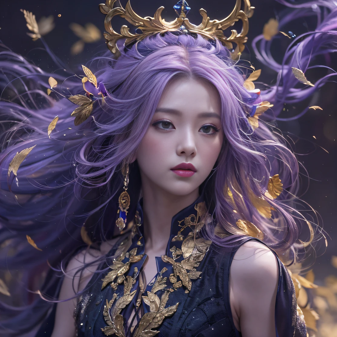 Agate glass texture 32K(tmasterpiece,k hd,hyper HD,32K)Long flowing bright purple hair,Autumn Pond,zydink, a color, Asian people (Kizi), (Red scarf), Combat posture, looking at the ground, long whitr hair, Floating bright purple, Fire cloud pattern gold tiara, Chinese long-sleeved gold silk garment, (abstract ink splash:1.2), white backgrounid,Lotus protector(realisticlying:1.4),Bright purple hair,Smoke on the road,The background is pure, A high resolution, the detail, RAW photogr, Sharp Re, Nikon D850 Film Stock Photo by Jefferies Lee 4 Kodak Portra 400 Camera F1.6 shots, Rich colors, ultra-realistic vivid textures, Dramatic lighting, Unreal Engine Art Station Trend, cinestir 800,Long flowing bright purple hair