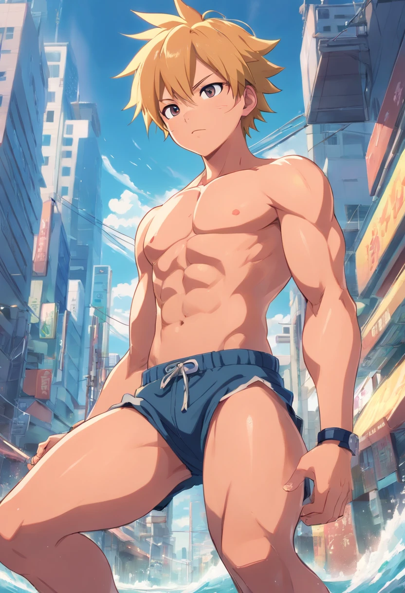 [highest quality photo][ 4k,HD photo quality] (Huge, muscular thigh muscles) Uzumaki Naruto, lots of sweat flowing down, topless, shirtless, sunny, shiny skin, bodybuilder, 8-pack abs, giant, muscular chest muscles, giant muscular, sinewy biceps, cute baby face (close-up) two arms behind the back