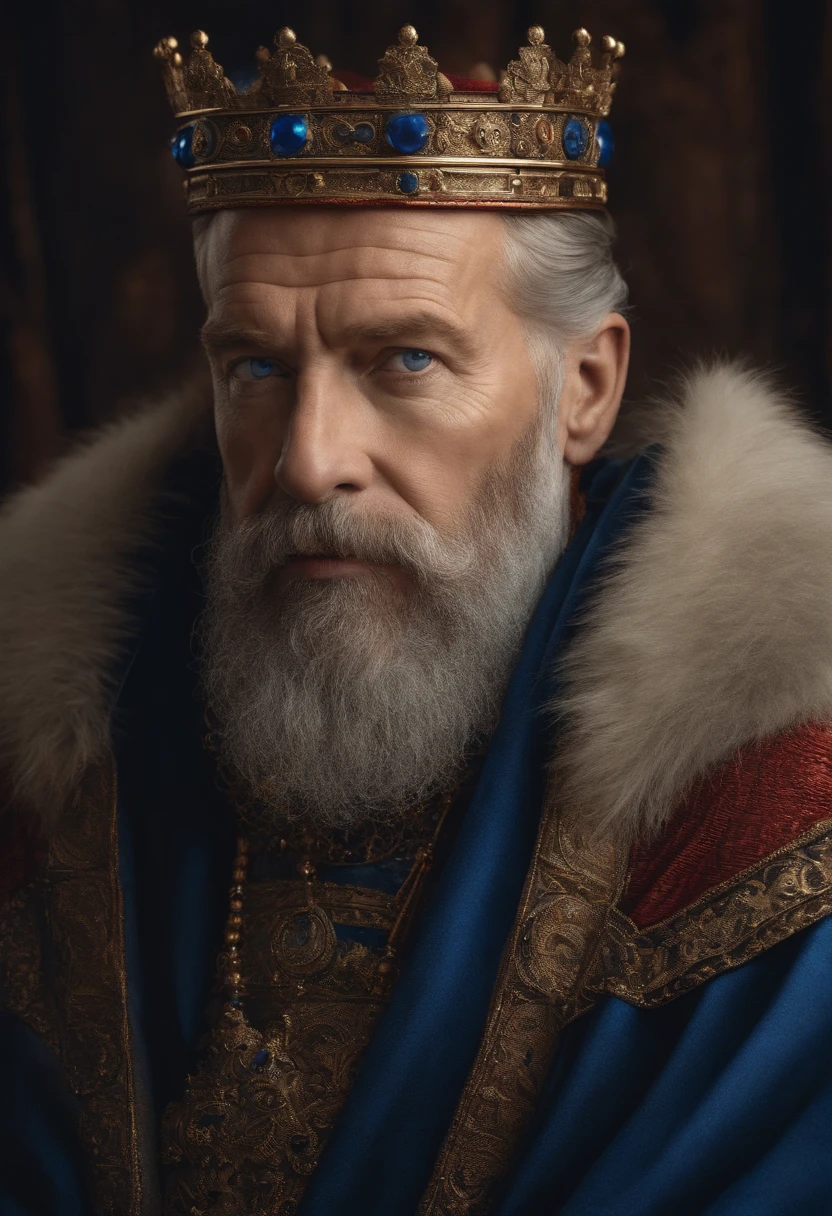 Arafed man with a blue crown and robe, red-haired and graying medieval king, red-haired beard, thinning beard, age 50 years, short hair, portrait of emperor of humanity, highly detailed character, painted in high resolution.