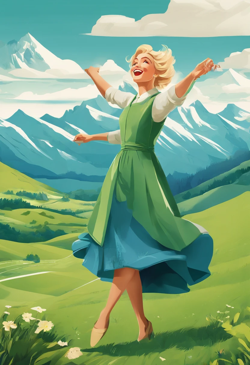 On a green hill overlooking the Alps, a short blonde woman sings cheerfully. She is twirling and dancing. Long dark blue long-sleeved dress and whitish pale blue apron.