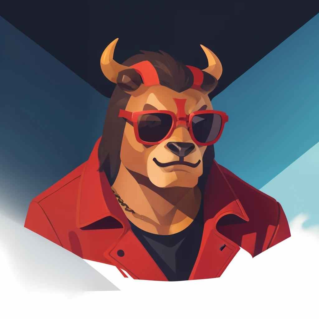 coloredic0n icon An anthropomorphic minotaur,wearing red jacket,Exaggerated action,With sunglasses,Fit in shape,