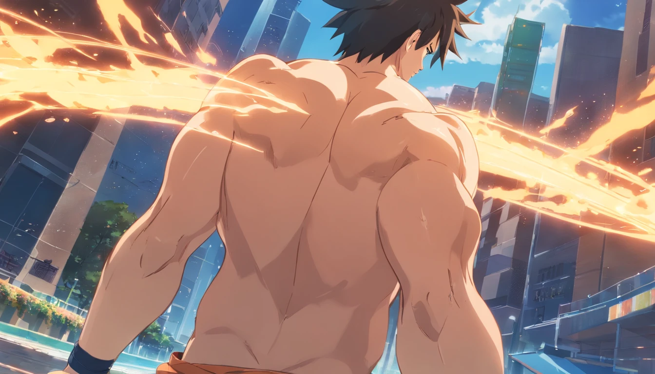 [highest quality photo][ 4k,HD photo quality] (Huge, muscular thigh muscles) Uzumaki Naruto, lots of sweat flowing down, topless, shirtless, sunny, shiny skin, bodybuilder, 8-pack abs, giant, muscular chest muscles, giant muscular, sinewy biceps, cute  (close-up) two arms behind the back