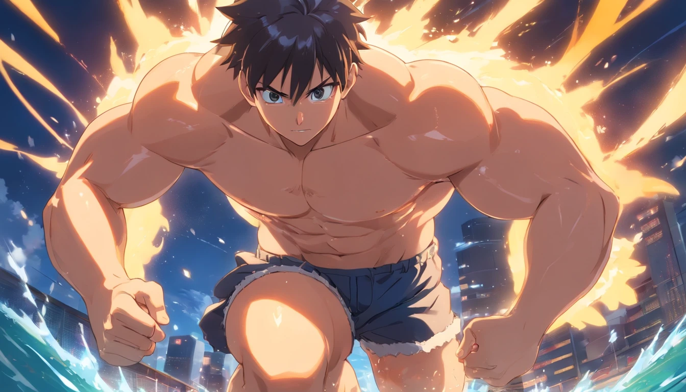 [highest quality photo][ 4k,HD photo quality] (Huge, muscular thigh muscles) Uzumaki Naruto, lots of sweat flowing down, topless, shirtless, sunny, shiny skin, bodybuilder, 8-pack abs, giant, muscular chest muscles, giant muscular, sinewy biceps, cute baby face (close-up) two arms behind the back