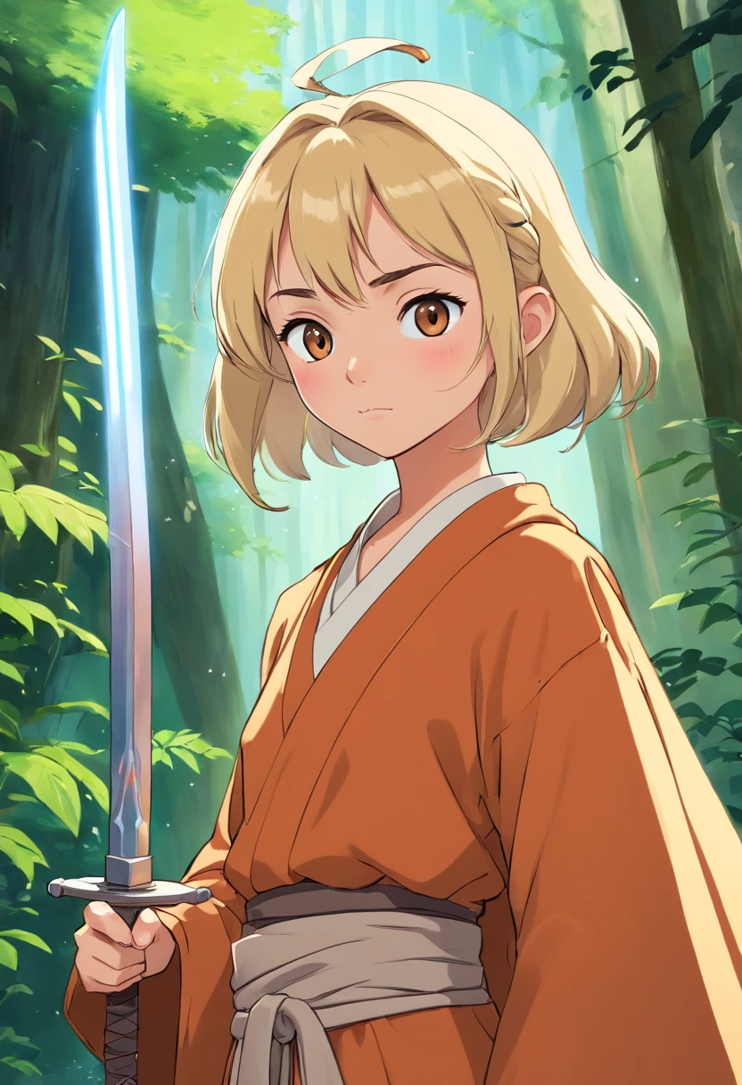 a cartoon of a person dressed in a costume with a sword, concept art inspired by INO, tumblr, afrofuturism, blonde female jedi, wearing jedi robes and a sari, female jedi, wearing brown jedi robes, star wars character, wearing jedi robes, kanye west as a jedi, jedi, jedi master, digitally colored, rey, ahsoka tano, 1 young girl