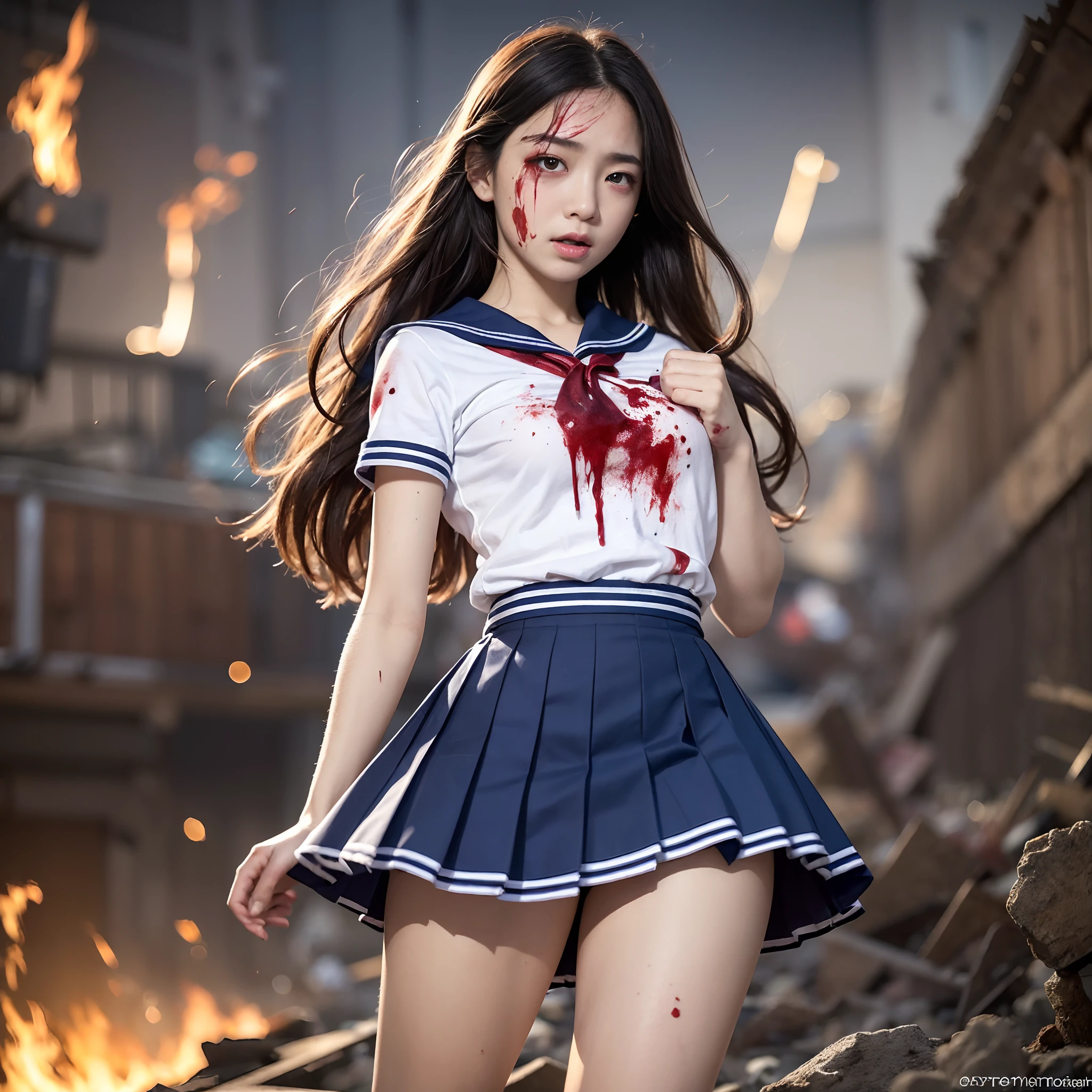 (in 8K、RAW Photos、top-quality、masterpiece:1.2)、(realisitic、Photorealsitic:1.37)、ultra-detailliert、超A high resolution、(Giant Dragon:1.2)、Beautiful 15-year-old high school girl in Japan attacked by a giant dragon in devastated Tokyo、terrified expression、School Uniforms、Schoolgirl Uniform、(Torn and dirty tattered sailor suit:1.2)、disheveled clothing、ripped fabric、(Clothes with blood stains:1.2)、Short pleated skirt、(Torn skirt:1.2)、Dirty hair、smudged face、(skin stained with blood and dust:1.2)、Running through the rubble、building crumbling、Burning flame、stunningly beautiful face、dynamic ungle、动态照明
