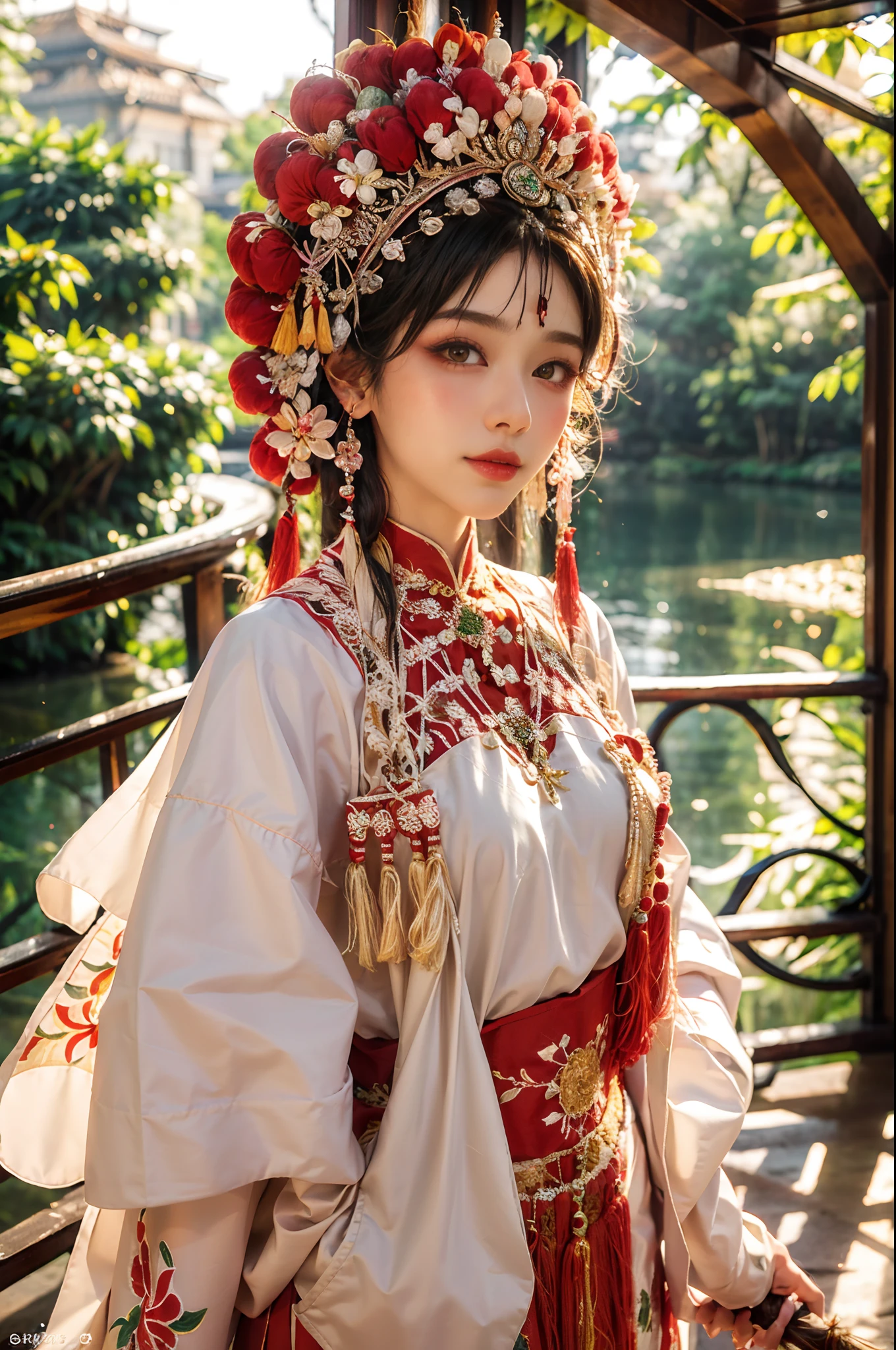 (Best Quality,8K, High resolution, Masterpiece :1.2), Super Super Detail,(Photorealistic Medium, Photorealistic, Photorealistic :1.37),1 Girl, Forward view Viewer, No Makeup, headwear,CNOperaFlag, Upper body,
(Tassel, delicate makeup, gorgeous jewelry, rich textures, delicate headwear, traditional clothing, floral embroidery, flowing fabrics :1.5) Soft lighting, bright colors, subtle smiles, delicate functions, sparkling eyes, charming eyes,
Detailed headwear, cultural heritage, nostalgic atmosphere, graceful posture, bold and vibrant color palette, handcrafted details, effortless elegance, wonderful stage presence, serene garden background, blooming flowers, ethereal beauty, lush greenery, serene expression, majestic aura, exquisite craftsmanship, flowing silk, breathtaking composition, Harmonious color scheme, historical resonance, timeless charm