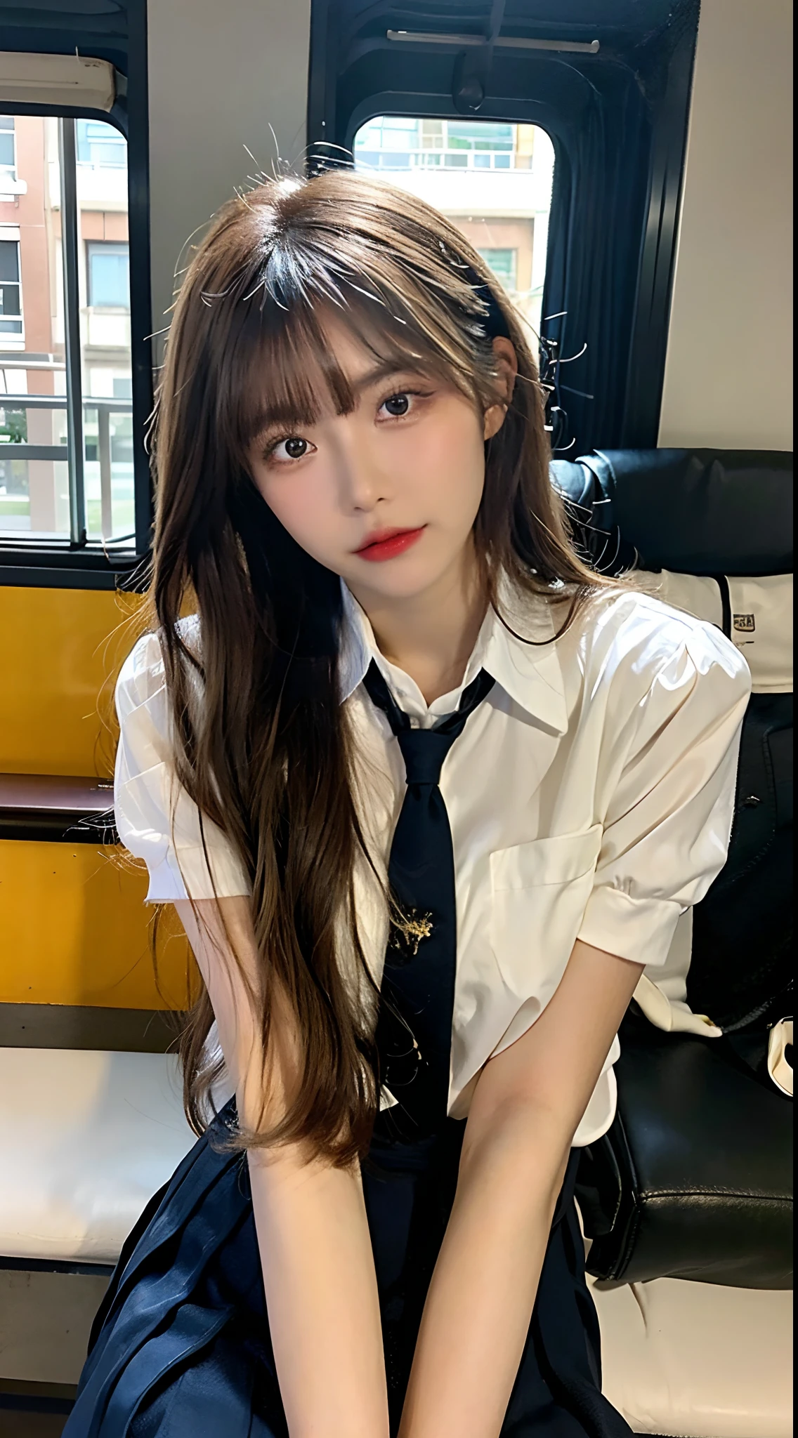 (masterpiece, bestquality:1.2), 10, 15 me, 85 mm., official art, RAW photo, Absurd, white blouse, pretty face, Up Close, Upper body, Violaceaess, Gardenia, beautiful girl, School uniform, (Navy pleated skirt:1.1), Curly waist, thights, short sleeves, In the train, Sit on the bench seat......, looking at the audience, no makeup, (smile:0.4), grain of film, Chromatic aberration, crisp focus, face lights, Clear lighting, adolescent, detailed face, Bokeh background, (Dark red tie:1.1)