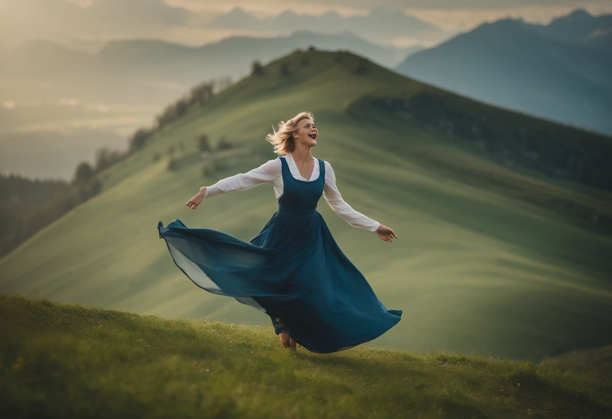 On a green hill overlooking the Alps, a short blonde woman sings cheerfully. She is twirling and dancing. Long dark blue long-sleeved dress and whitish pale blue apron.