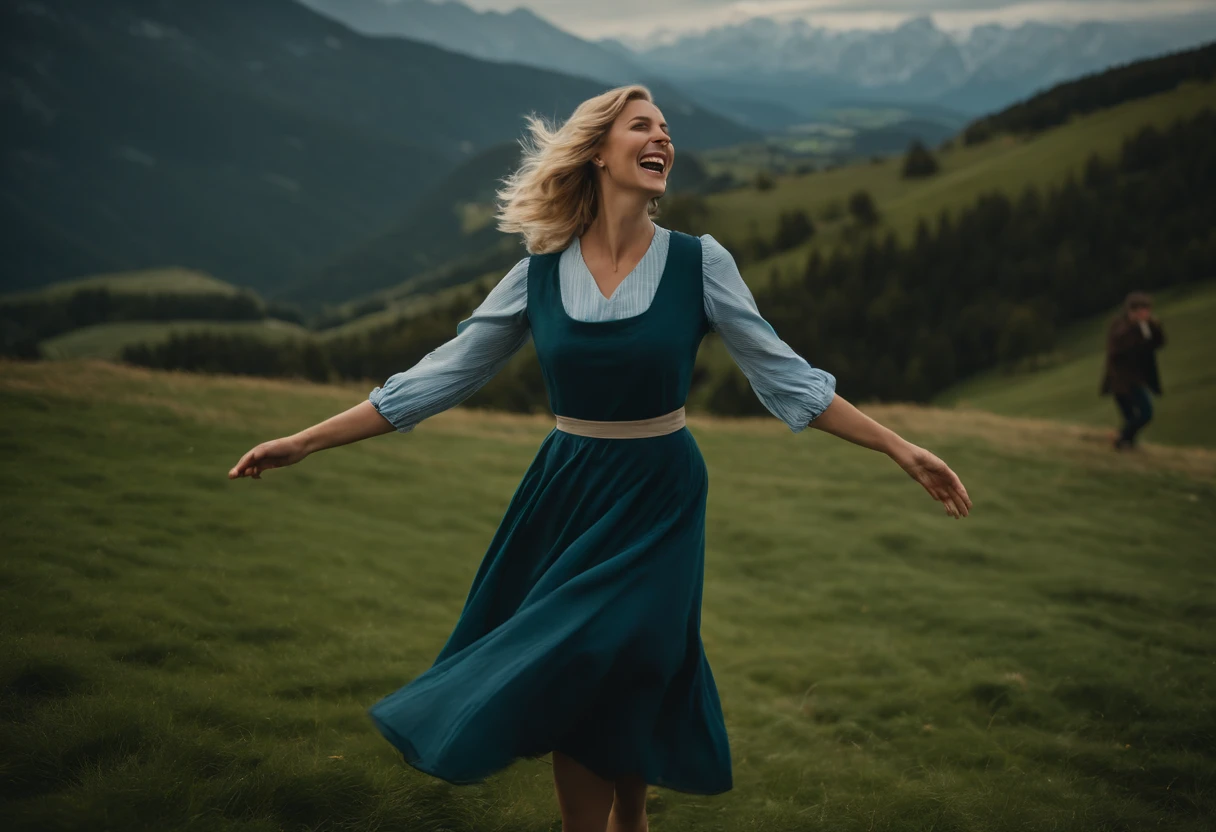 On a green hill overlooking the Alps, a short blonde woman sings cheerfully. She is twirling and dancing. Long dark blue long-sleeved dress and whitish pale blue apron.