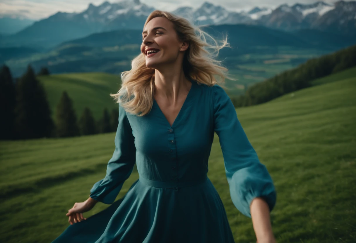 On a green hill overlooking the Alps, a short blonde woman sings cheerfully. She is twirling and dancing. Long dark blue long-sleeved dress and whitish pale blue apron.