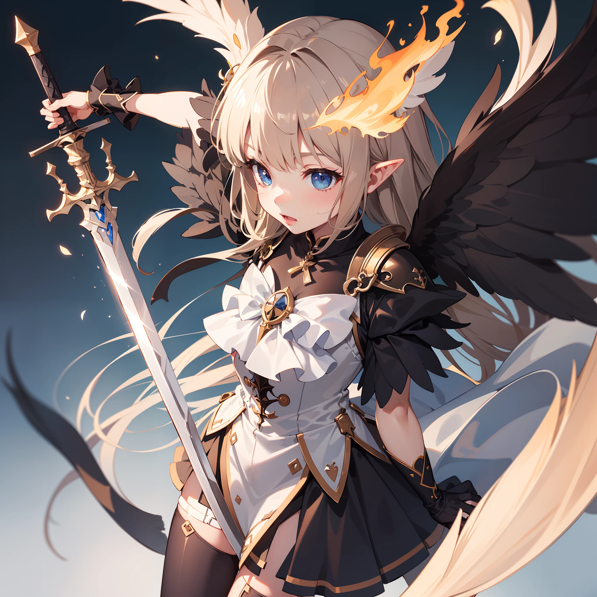 (kawaii, loli:2),(Darkness:1.4),(fantasy costume:1.5),elf ear:1.3(raven wings:1.6),(dark elf:1.6),blue eyes,milky silver hair:1.6,(ash brown skin woman:1.8),(high-heeled shoes:1.3),solo,BRAKE (Holds the hilt of a gigantic two-handed sword that burns white:1.5),(Holds a huge white-blazing two-handed sword in his hand:1.7),BRAKE dynamic pose,dynamic angle,from side:1.7,full body shot:1.3, medium shot:1.3,BRAKE fantastic castle,BREAK (extremely detailed CG unity 8k portrait:1.3),(highly detailed fingers:1.3),(Masterpiece: 1.3),(ultra detailed face),(Exquisite Detail: 1.2),highly detail Eye,(Highest Quality:1.4), (Super-Resolution: 1.2),(super fine illustration:1.3), Eyelashes, Best Quality,super detailed skin,