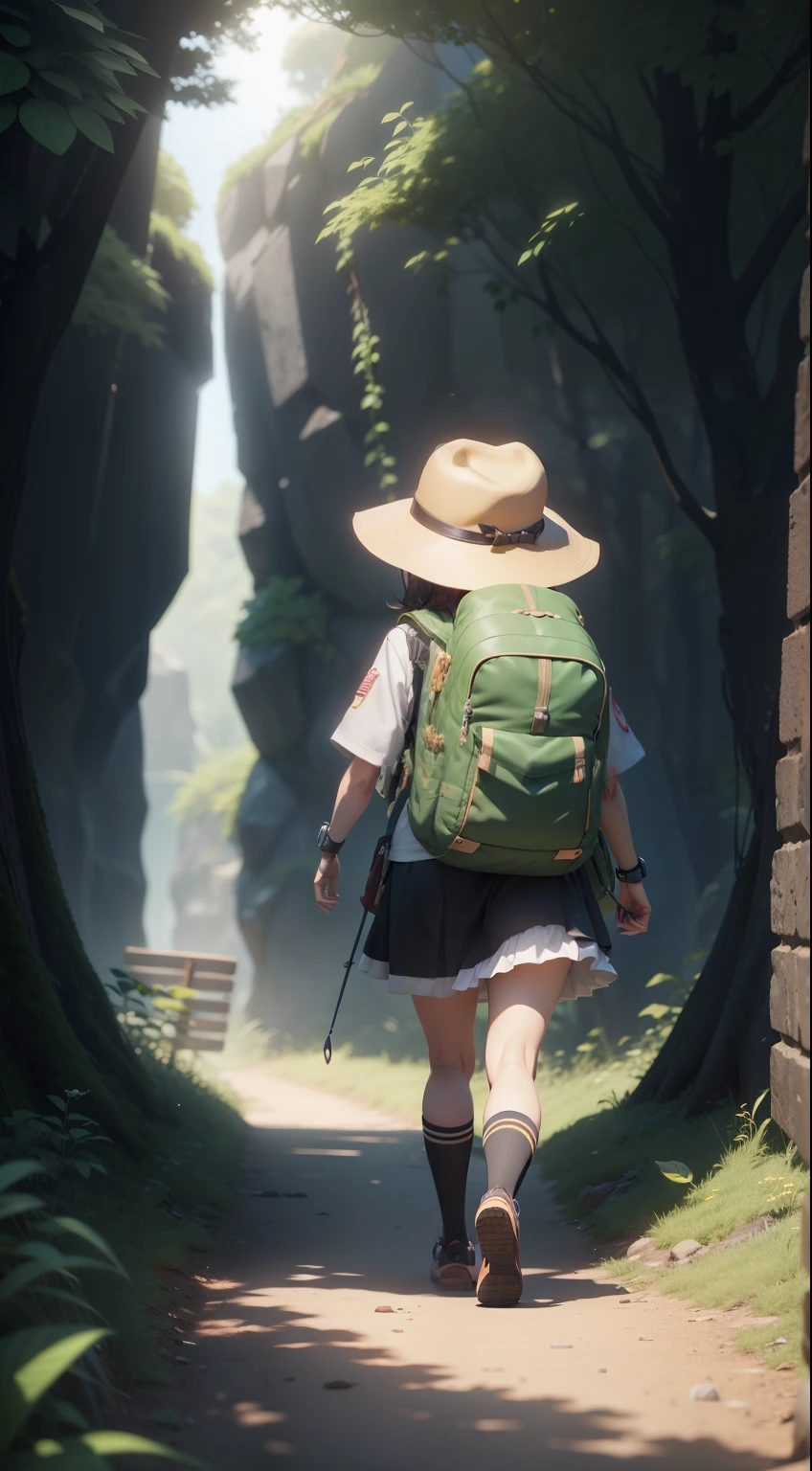 There is a poster with a anime character from movie a whisker away in a hat and backpack, female explorer mini cute girl, walking in the wilderness, flower jungle, animation style rendering, cute 3 D rendering, small characters. Unreal Engine 5, stylized anime, cute detailed digital art, Atey Ghailan 8 K, stylized 3D rendering, adventure surreal rendering, anime style 3D, 3D rendering stylized