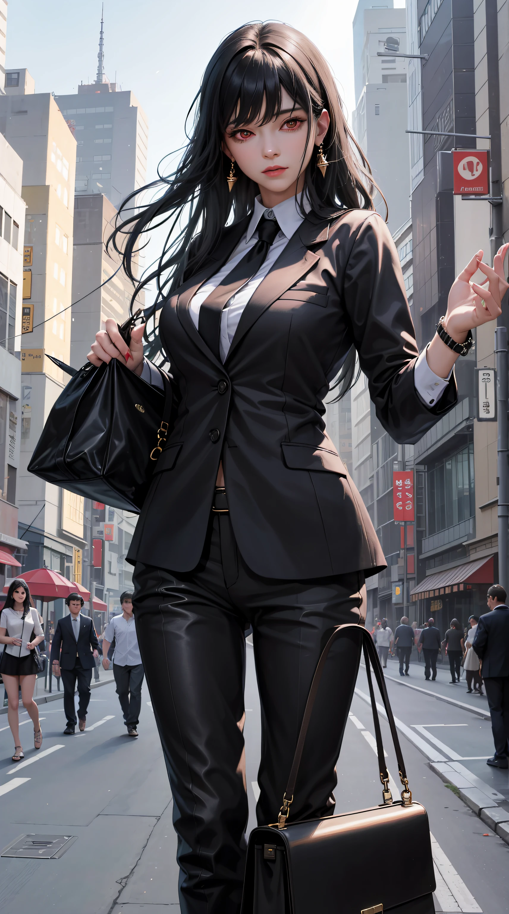 aayorf, red eyes, black hair, long hair, beautiful, beautiful woman, perfect body, perfect breasts, wearing a white formal shirt, black blazer, black trousers, carrying a bag, wearing a watch, wearing earrings, in public, creature in tokyo city, being on the street, looking at the viewer, a slight smile, realism, masterpiece, textured skin, super detailed, high detail, high quality, best quality, 1080p, 16k