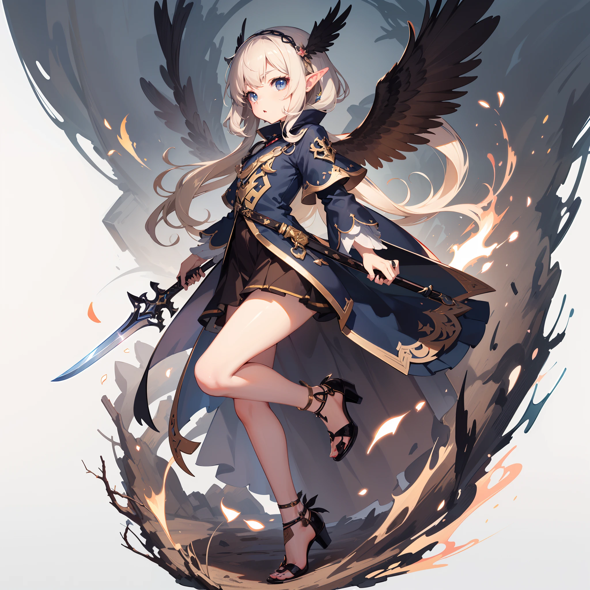 (kawaii, ****:2),(Darkness:1.4),(fantasy costume:1.5),elf ear:1.3(raven wings:1.6),(dark elf:1.6),blue eyes,milky silver hair:1.6,(ash brown skin woman:1.8),(high-heeled shoes:1.3),solo,BRAKE (Holds the hilt of a gigantic two-handed sword that burns white:1.5),(Holds a huge white-blazing two-handed sword in his hand:1.7),BRAKE dynamic pose,dynamic angle,from side:1.7,full body shot:1.3, medium shot:1.3,BRAKE fantastic castle,BREAK (extremely detailed CG unity 8k portrait:1.3),(highly detailed fingers:1.3),(Masterpiece: 1.3),(ultra detailed face),(Exquisite Detail: 1.2),highly detail Eye,(Highest Quality:1.4), (Super-Resolution: 1.2),(super fine illustration:1.3), Eyelashes, Best Quality,super detailed skin,