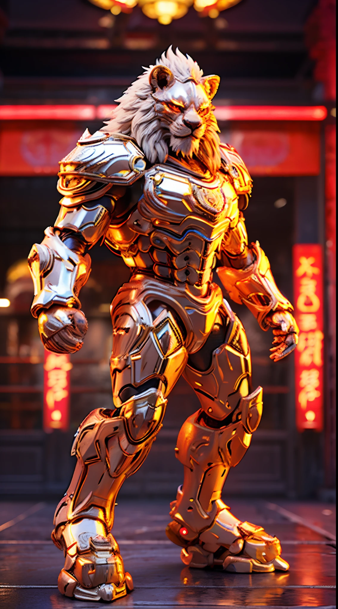 CHINESE LION, LION HEAD, HEAVY CRYSTAL ARMOR, TRANSPARANT, MUSCLE BODY.