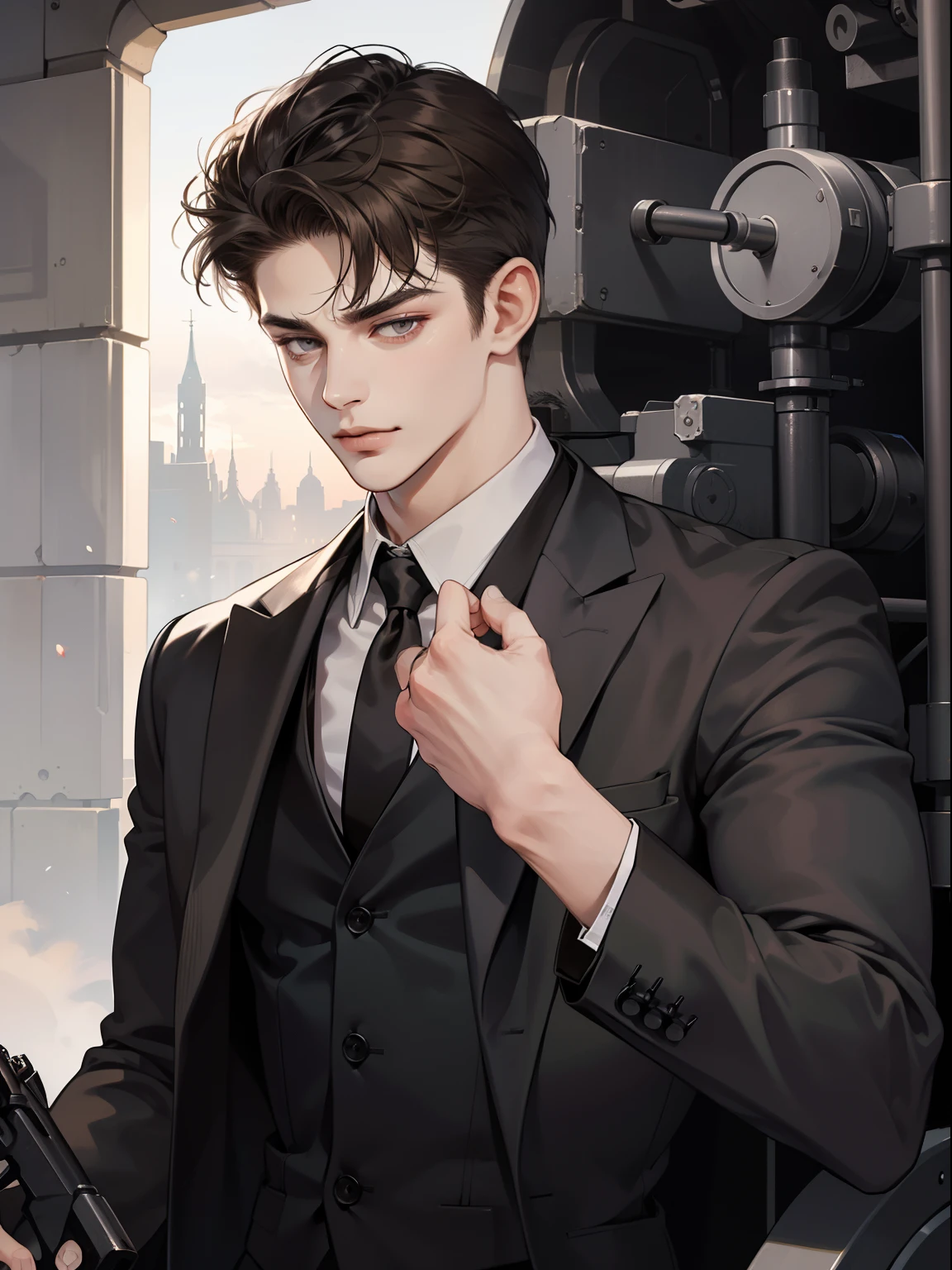 masterpiece, best quality, realistic, 1man, mature male, quiet and charming young man, 25 years old, close his eyes, serious, closed mouth, extremely detailed face, cold, ((dark grey eyes)), ((short-right-swept dark brown hair)), [thick eyebrows], mafia, ((black suit)), ((holding a machine gun)), accurate, detailed.