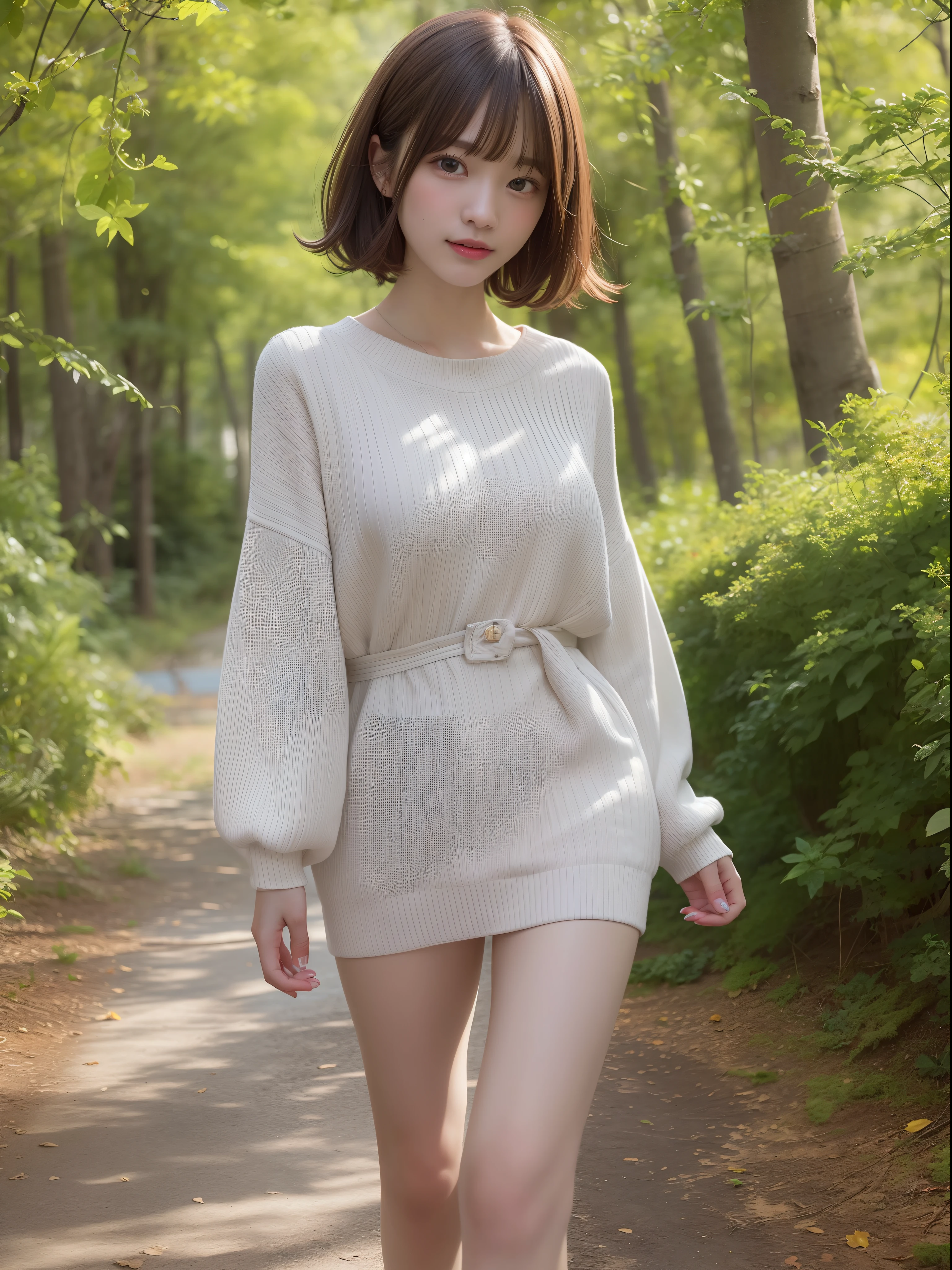 The shooting location is in the forest in early autumn。There is a large tree。There is a promenade。
Modeled after a beautiful 20-something actress、Realistic, Realistic and ultra-detailed finish、Create very elaborate CG Unity 8K wallpapers。
The model is slender and cute、Good Style、Green eyes、breasts are small。It also has a mature feel。
Her characteristics are、In straight bob style、Trendy hair color with a slightly bright and soft。
The skin quality of the model is delicate、Pay attention to the fine details and softness of the hair。Describe how her hair flutters in the wind.。
Please shoot your whole body as a camera angle。
Fashion style is、Wearing a white one-piece summer sweater。
The final image is、Summer is over、Try to express the atmosphere of strolling while feeling the arrival of autumn.。