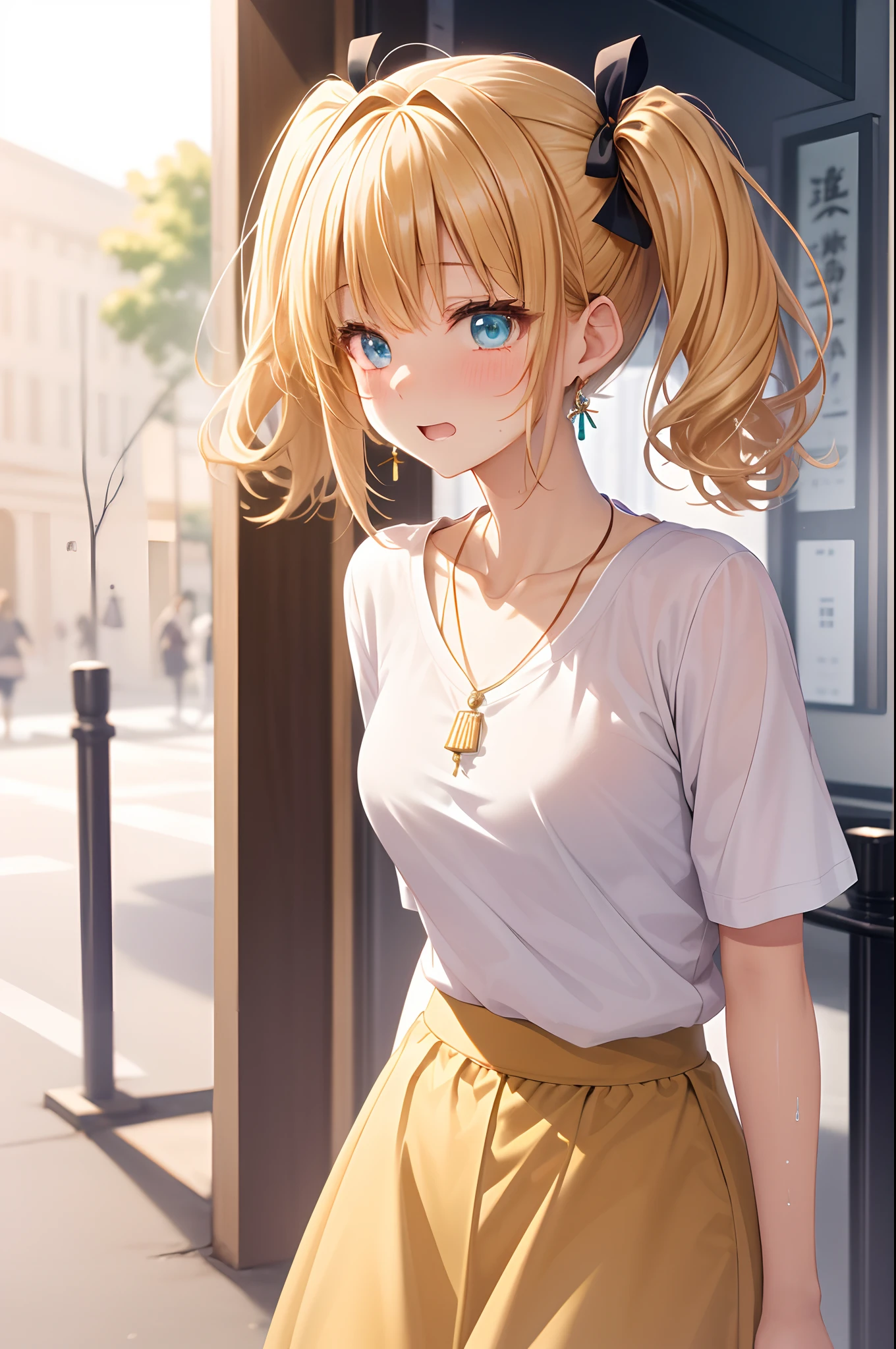 absurderes, ultra-detailliert,bright colour, extremely beautiful detailed anime face and eyes, (独奏:1.6), ;D, shiny_skin,25 years old, Short hair, , asymmetrical bangs, Blonde hair with short twin tails, Shiny hair, Delicate beautiful face, red blush,(cyan eyes:1.3 ) White skin, hair clips, earrings, a necklace,(Agnes B-Shirt:1.3),(Barbary skirt:1.3) (nightcity:1.3),Bustling street、(embarrassed from:1.5)、Wet、