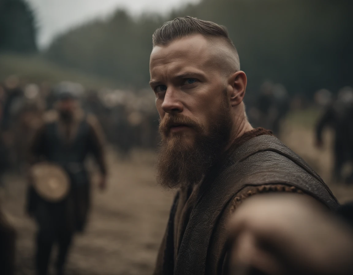 Inserir imagem do Ragnar, tirando uma selfie, A crowd in the background, ultra detalhado