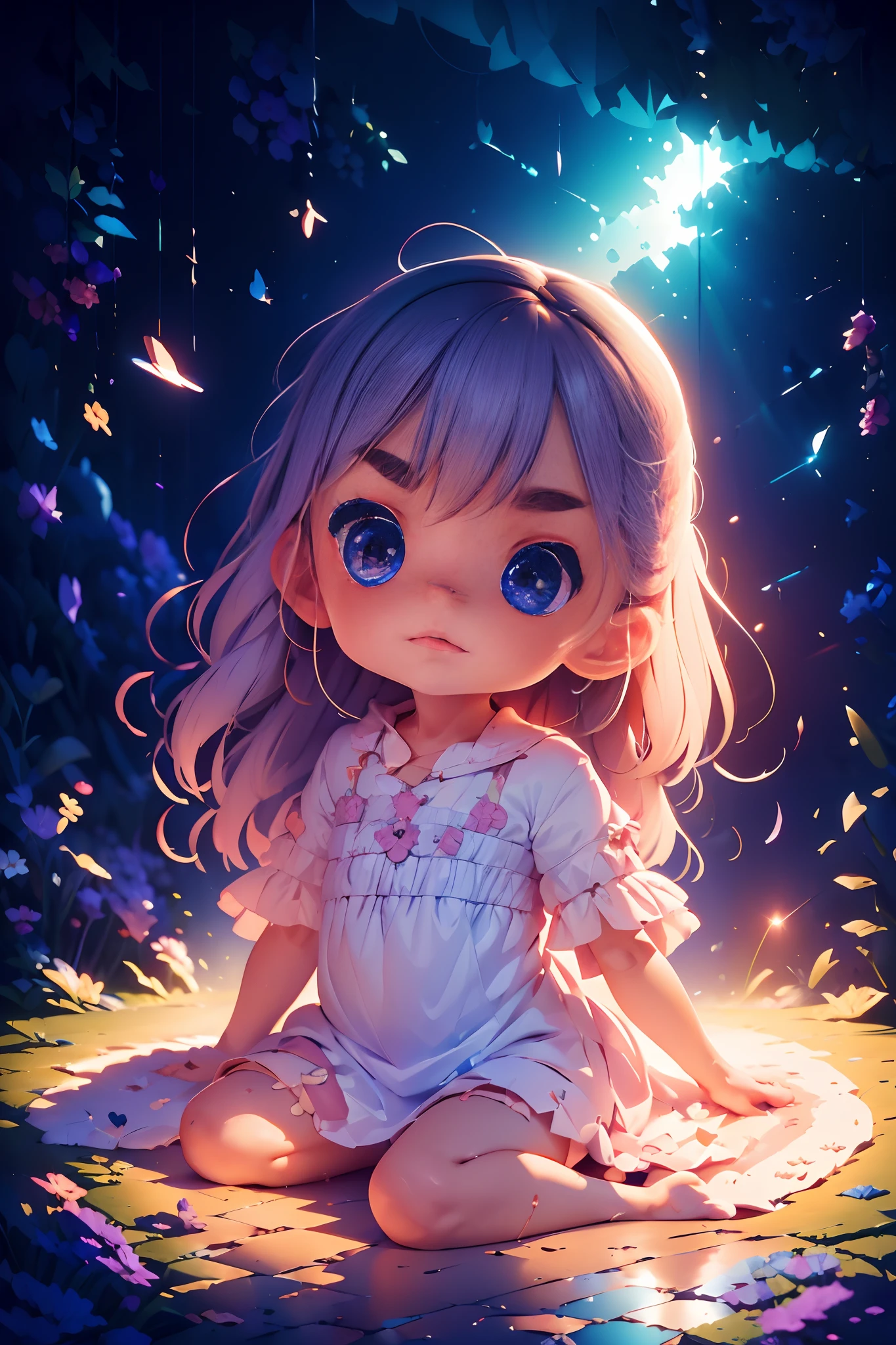 {{masterpiece, best quality, extremely detailed CG, unity 8k wallpaper, cinematic lighting}}, a cute girl, bob cut hair style, light brown hair color, swept bangs, beautifully purple eyes, purple shirt and blue skirt, very sad and crying, sitting lonely in the crystal jungle.