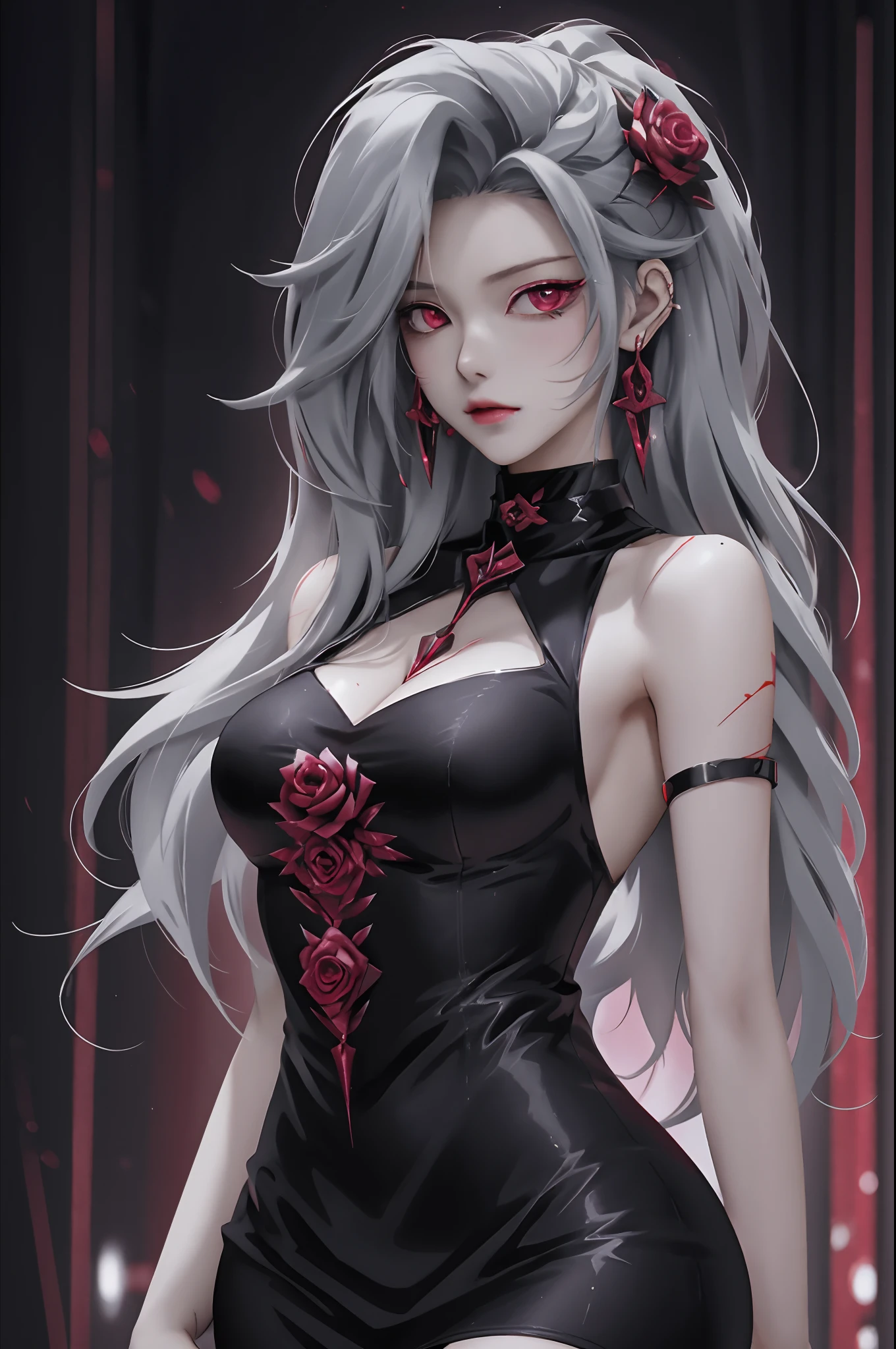 best quality, 1girl, solo, long hair, black dress, looking at viewer, upper body, gray hair, roses in hair, blood red eyes, stretcher missing