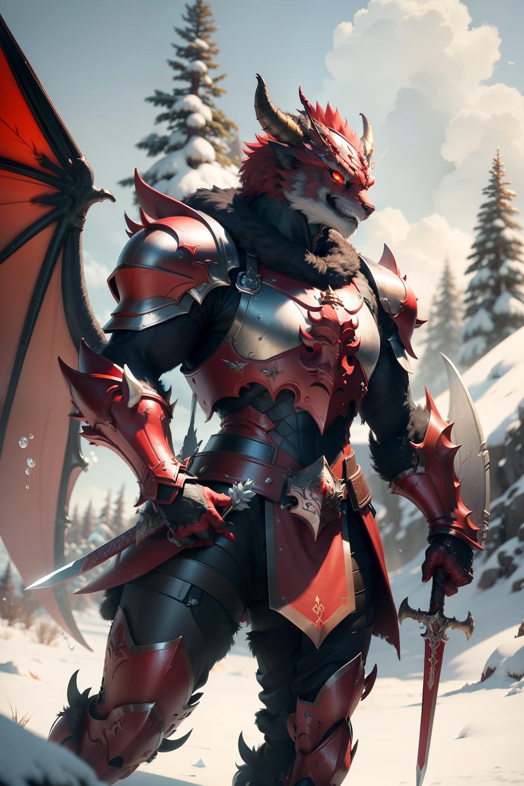 Super cute furry red dragon warrior in armor、Upper body view、realisitic、4K、ultra-detailliert、 vray rendered、unrealengine、Mid-Journey Art Style、Snowfield background、Sword and shield in hand、dragonfly-like wings on the back、