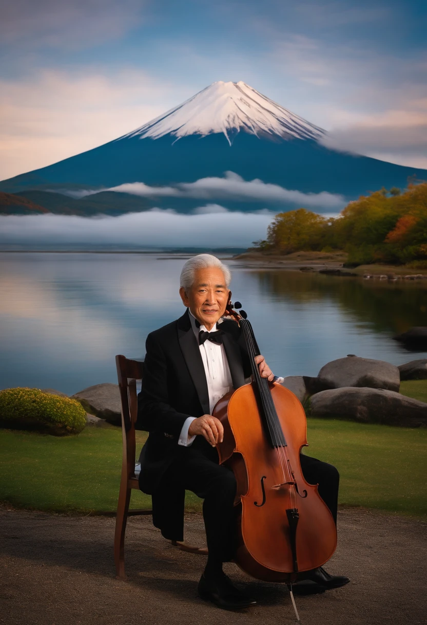 (Best quality, realistic, photorealistic: 1.37), Elegant, Japanese man in his 70s wearing a tuxedo, with a beard, sitting on a chair and playing the cello, holding a bow in his right hand. Lake Yamanaka, Japan's Mt. Fuji in the background of the lake, two swans swimming in the lake, bright colors, soft lighting, Brad Bitt's face,